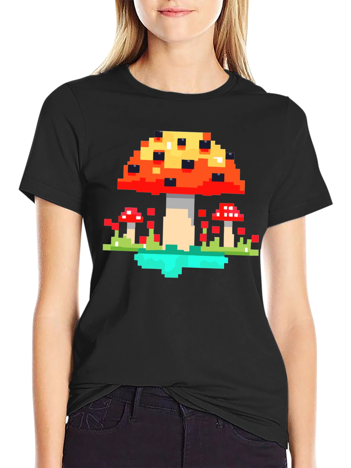 Black Pixel Mushroom Graphic Tee - Retro Gaming Style Shirt view 2