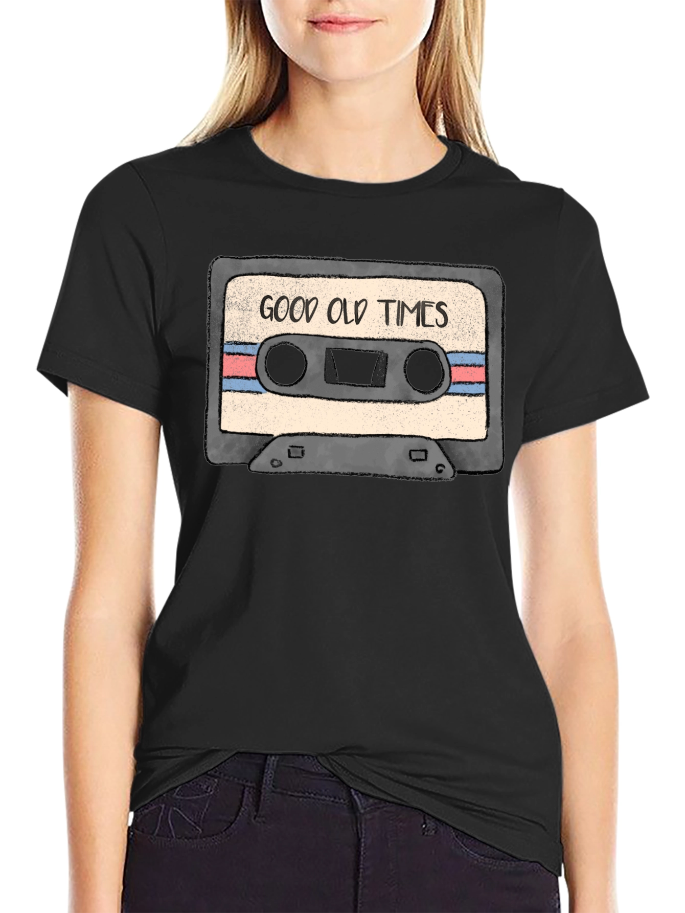 Black Good Old Times Cassette Tape Graphic T-Shirt view 2