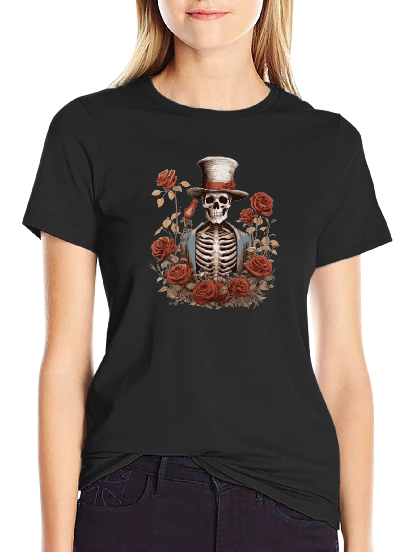 Black Skeleton Top Hat Roses Graphic Tee - Unisex view 2