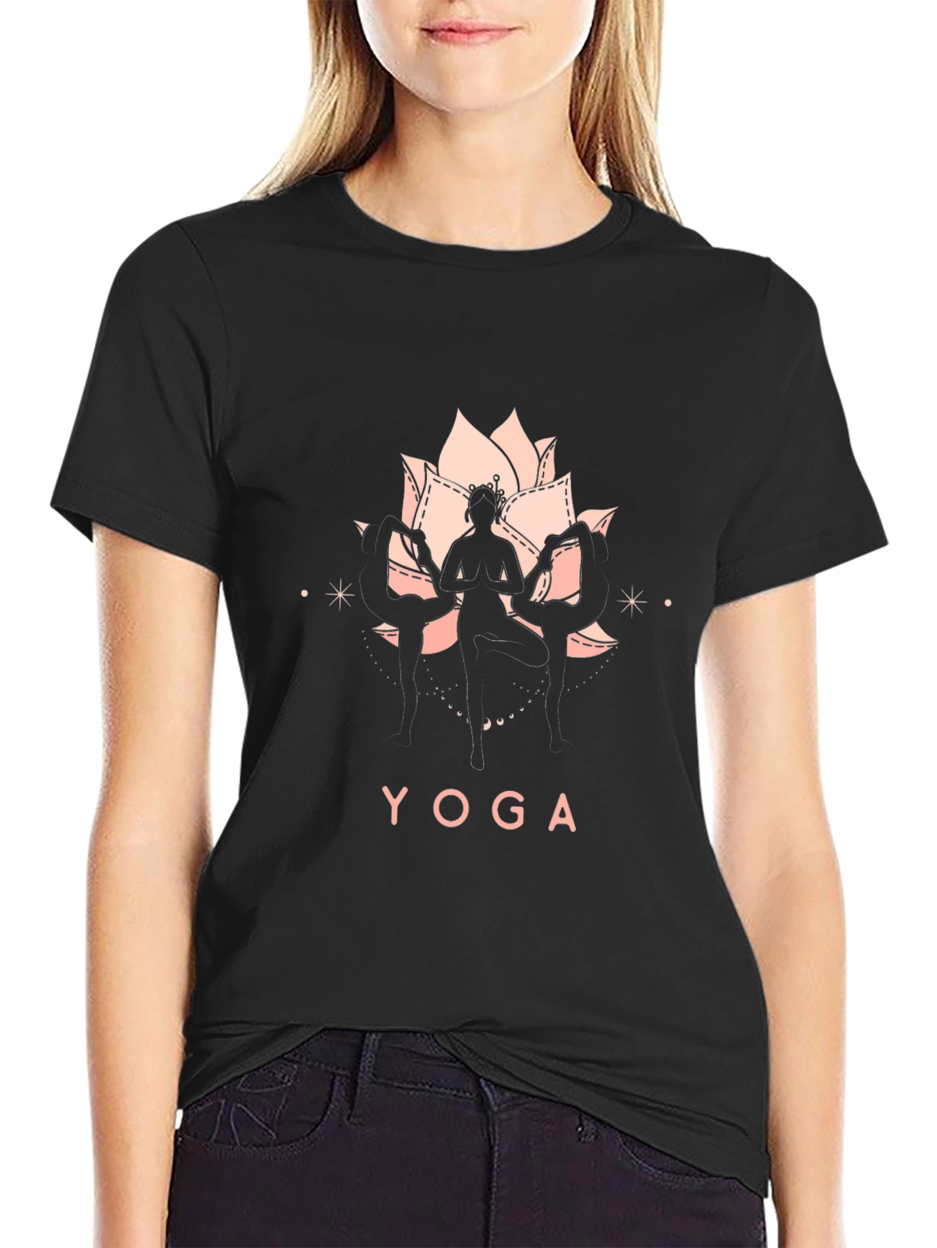 Black Yoga Graphic T-Shirt - Lotus Design view 2