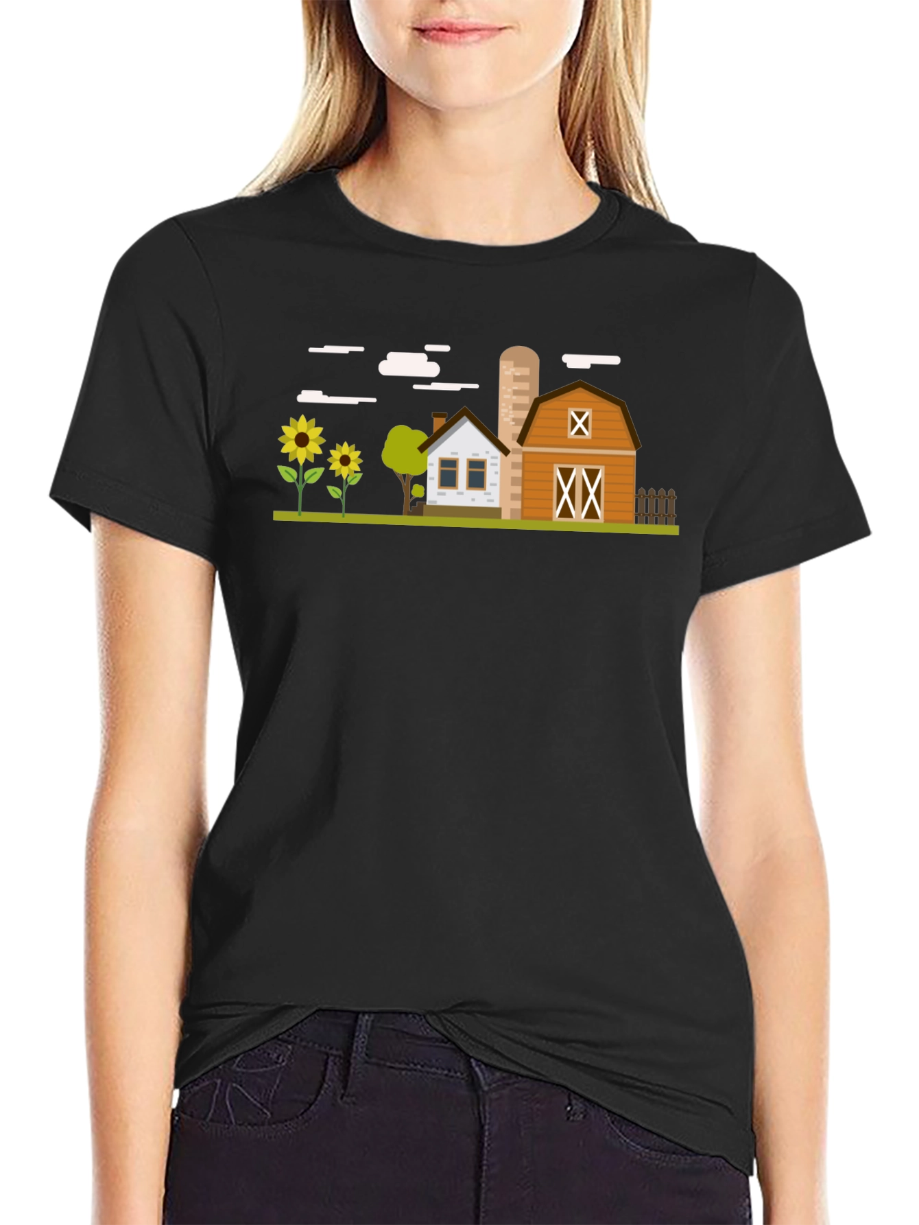 Black Farm Scene Graphic T-Shirt - Black Cotton Tee view 2