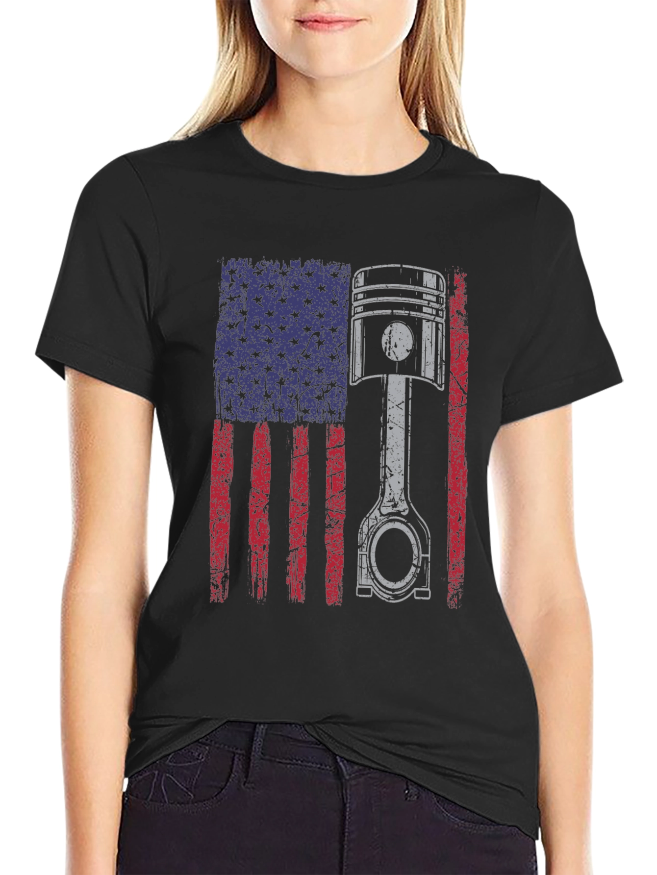 Black American Flag Piston T-Shirt - Automotive Enthusiast Apparel view 2