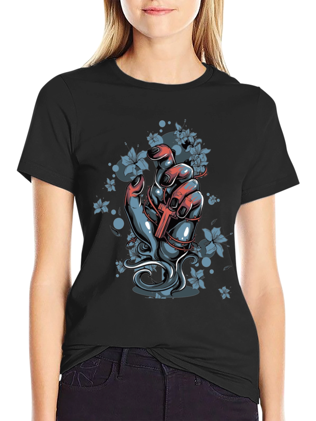 Floral Cross Graphic Black T-Shirt - 2