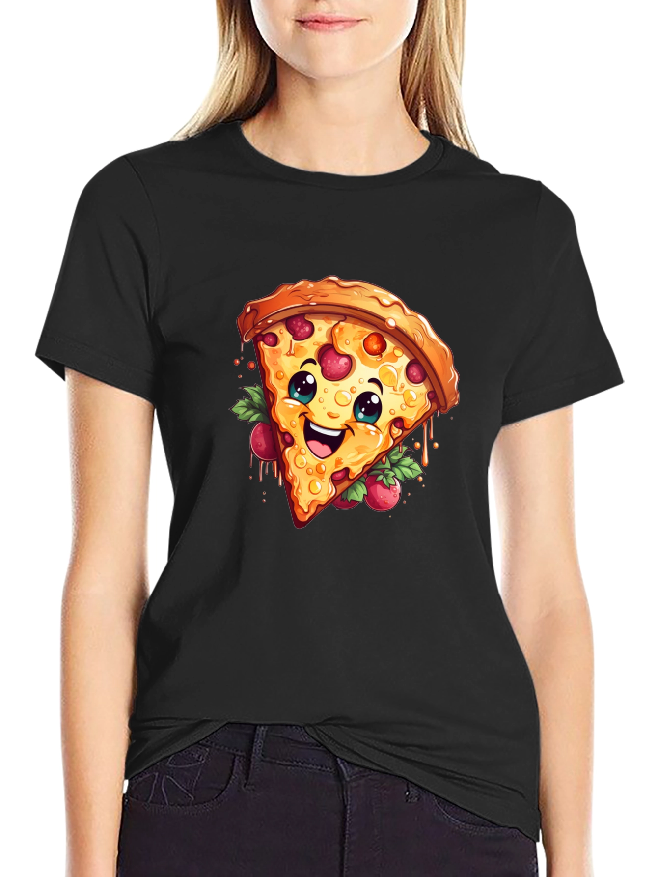 Black Funny Pizza Slice Graphic T-Shirt - Casual Black Tee view 2