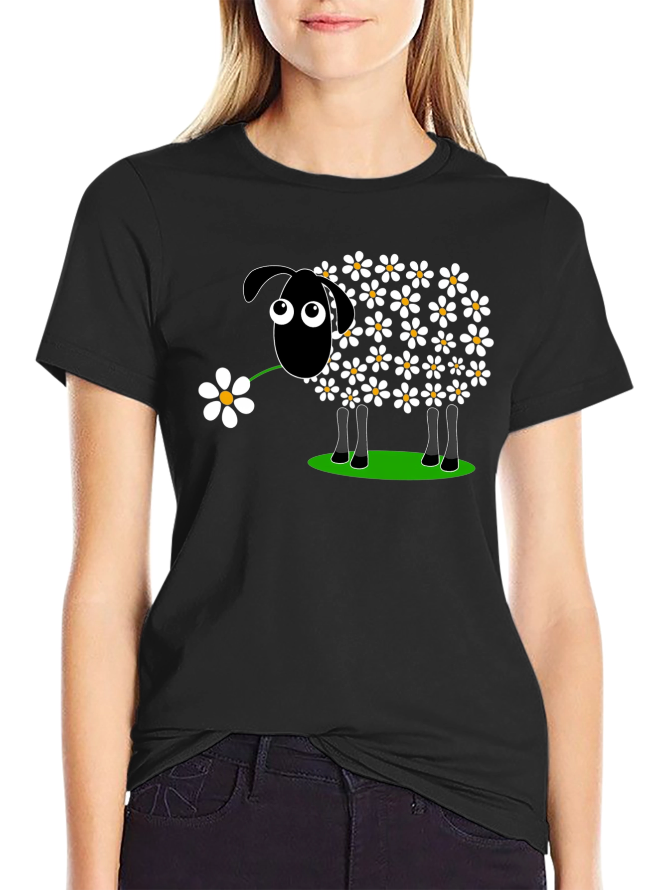 Black Daisy Sheep Graphic Tee - Black Cotton T-Shirt view 2