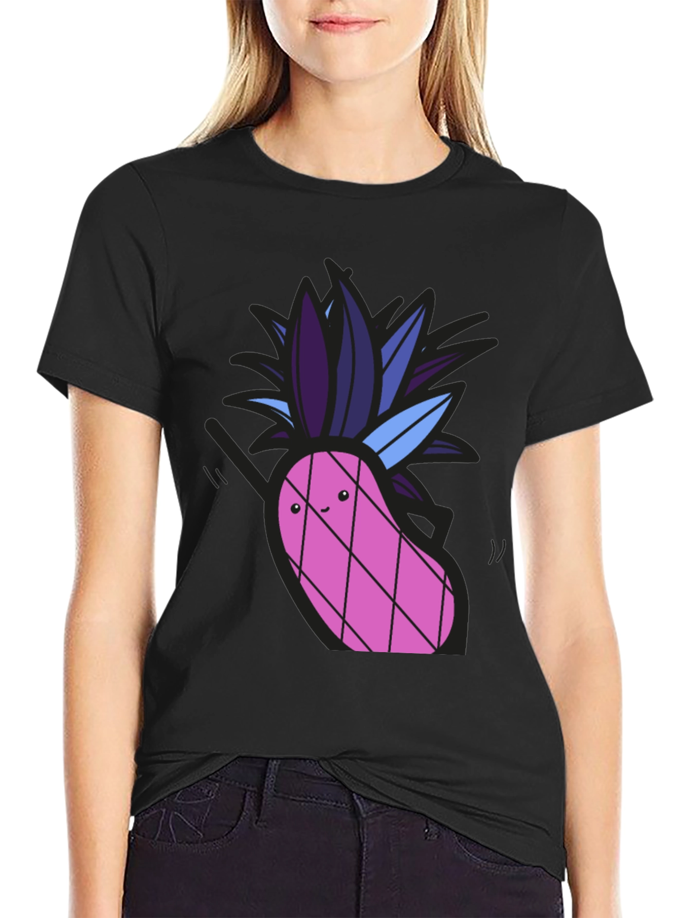 Black Funny Pineapple Graphic Tee - Black Cotton T-Shirt view 2