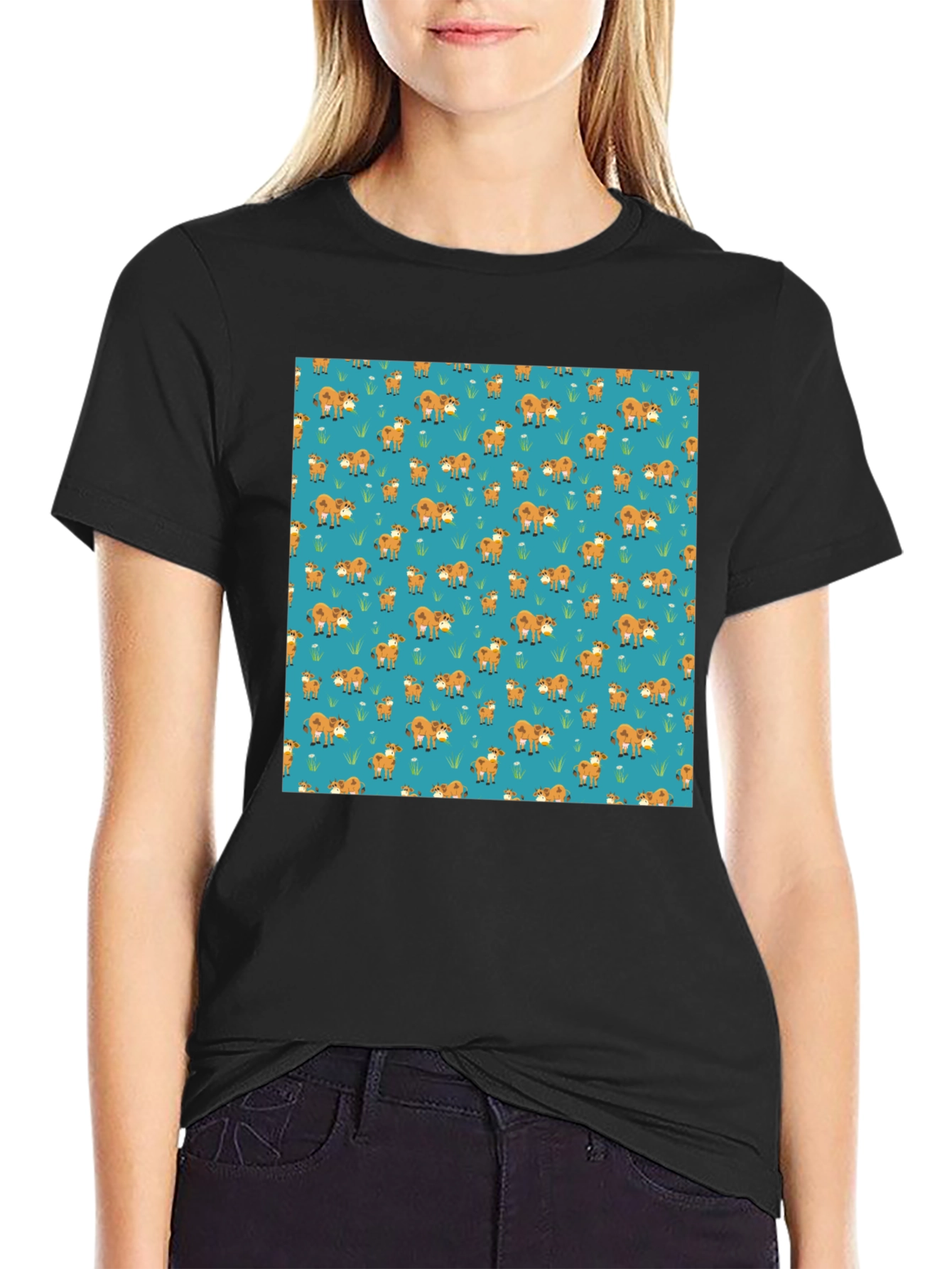 Black Fox Pattern Black Casual T-Shirt view 2