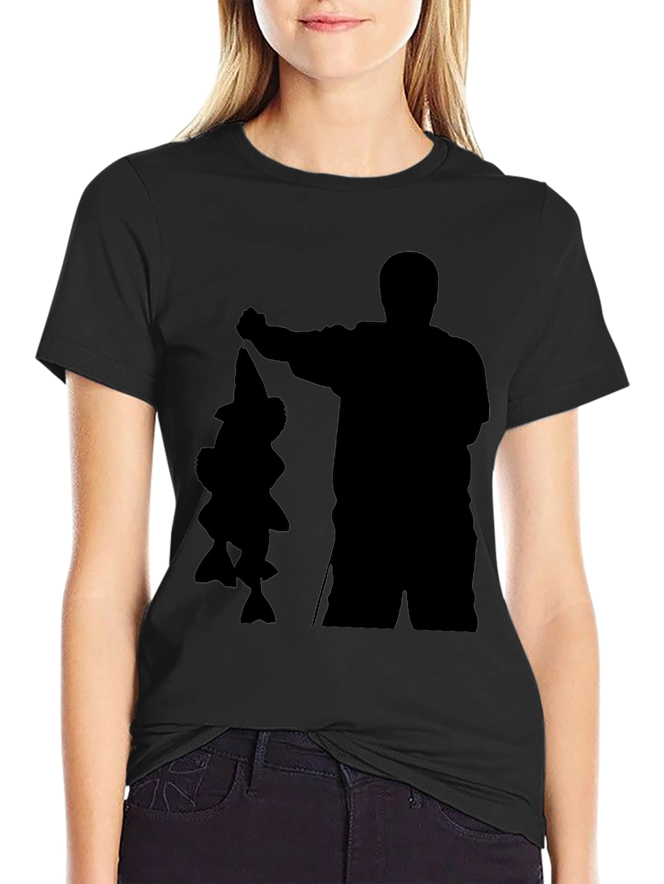 Black Fisherman Silhouette Graphic Tee - Black Cotton Blend Shirt view 2