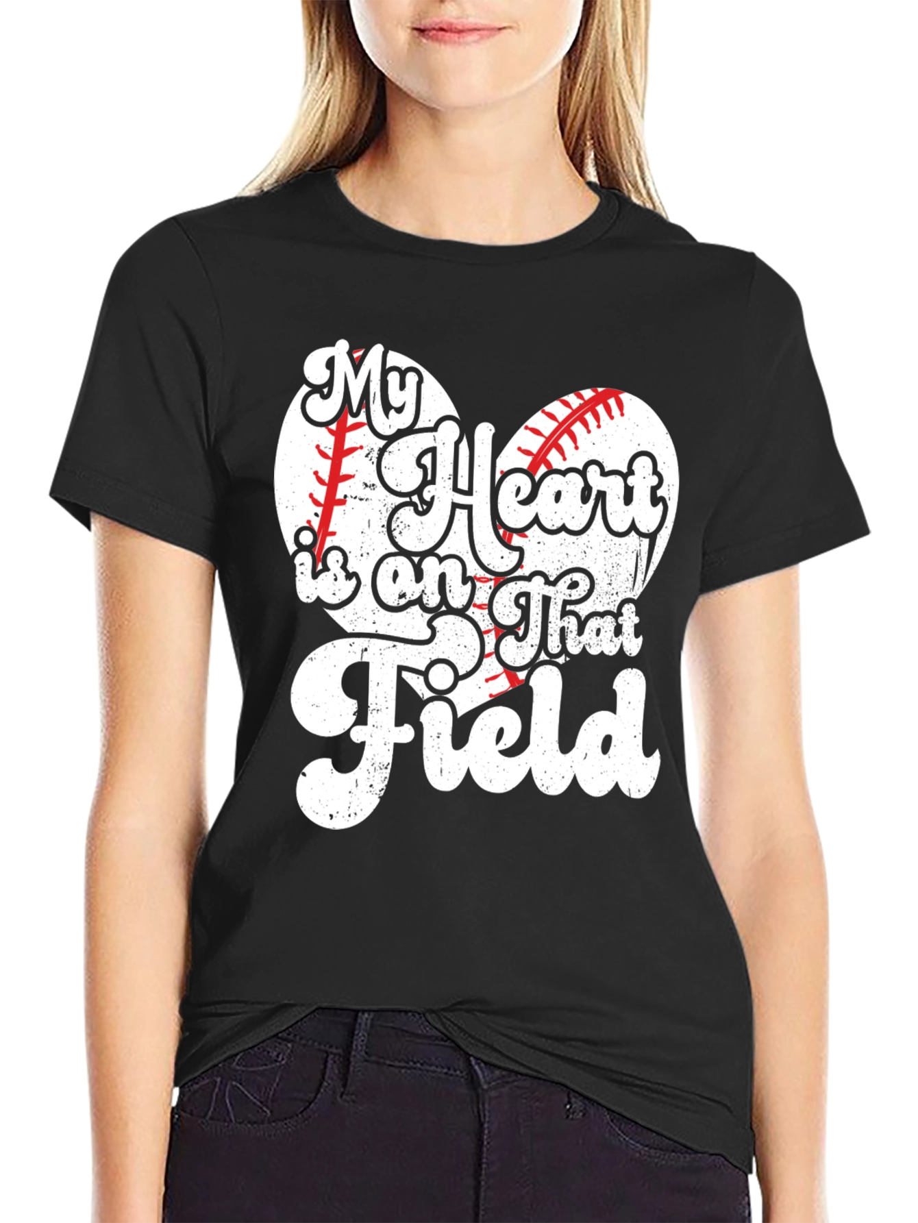 Black Baseball Heart T-Shirt - My Heart is on That Field view 2
