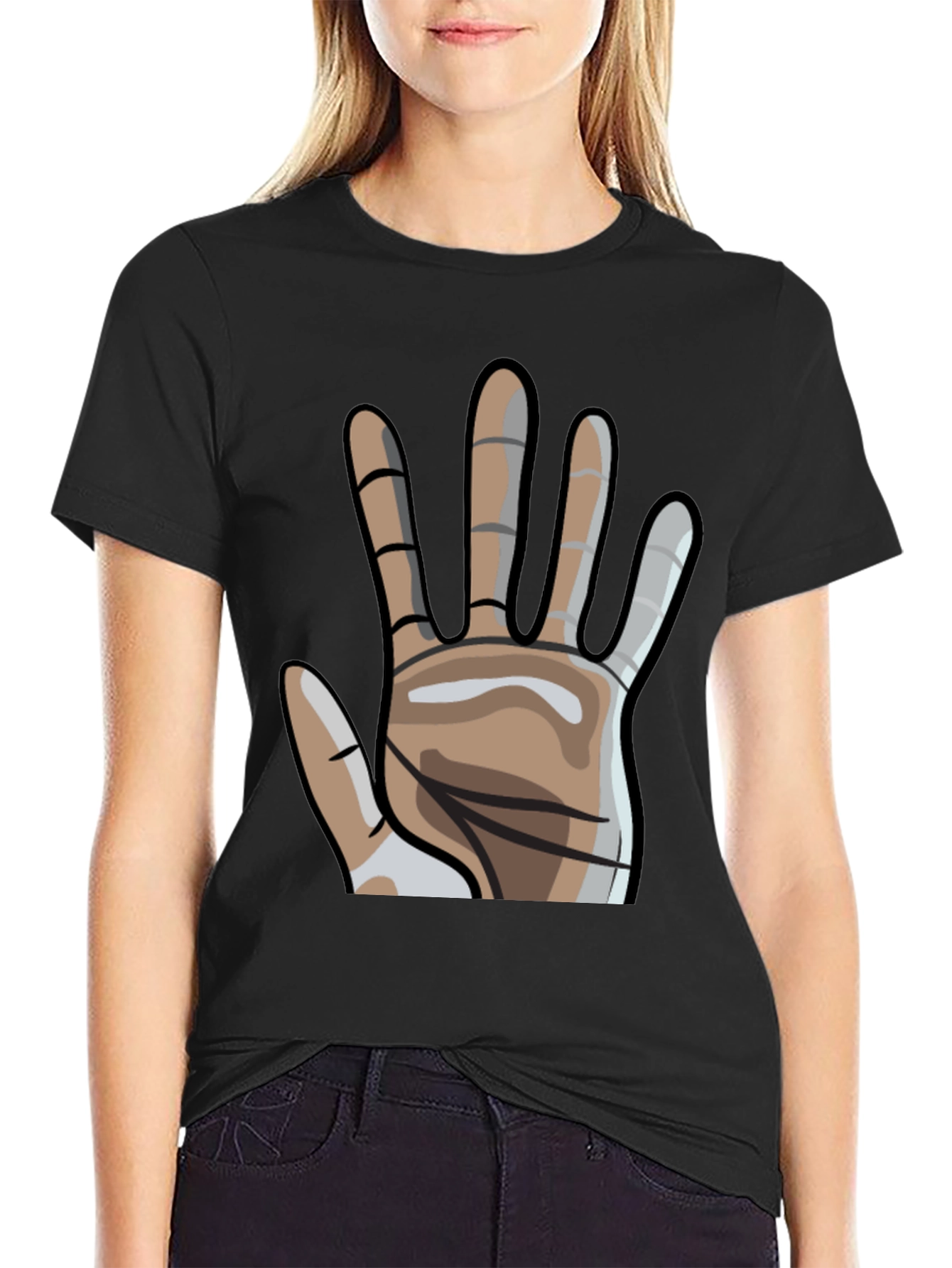 Black Graphic Hand Print Crew Neck T-Shirt view 2