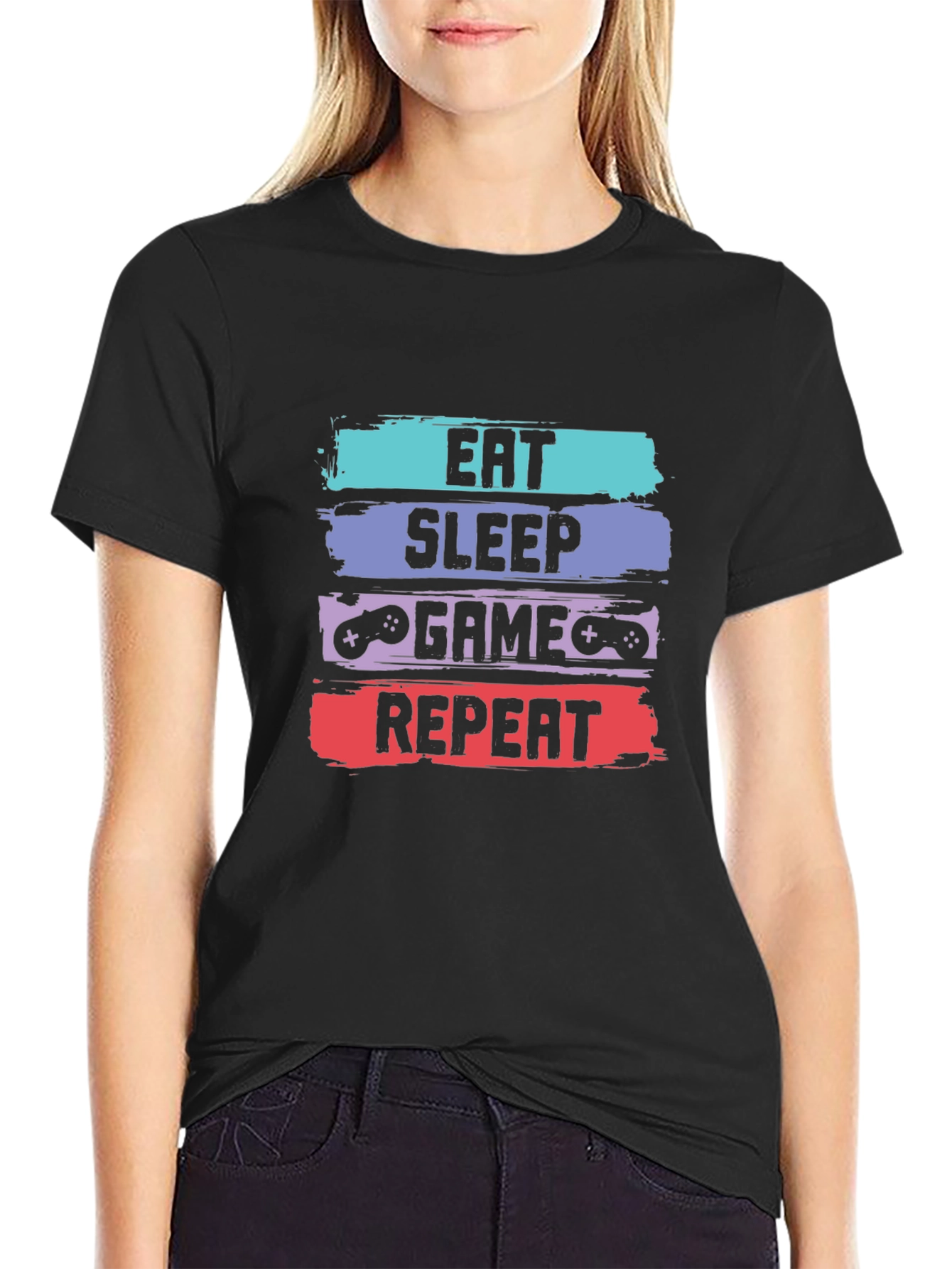 Black Eat Sleep Game Repeat T-Shirt - Gamer Tee view 2