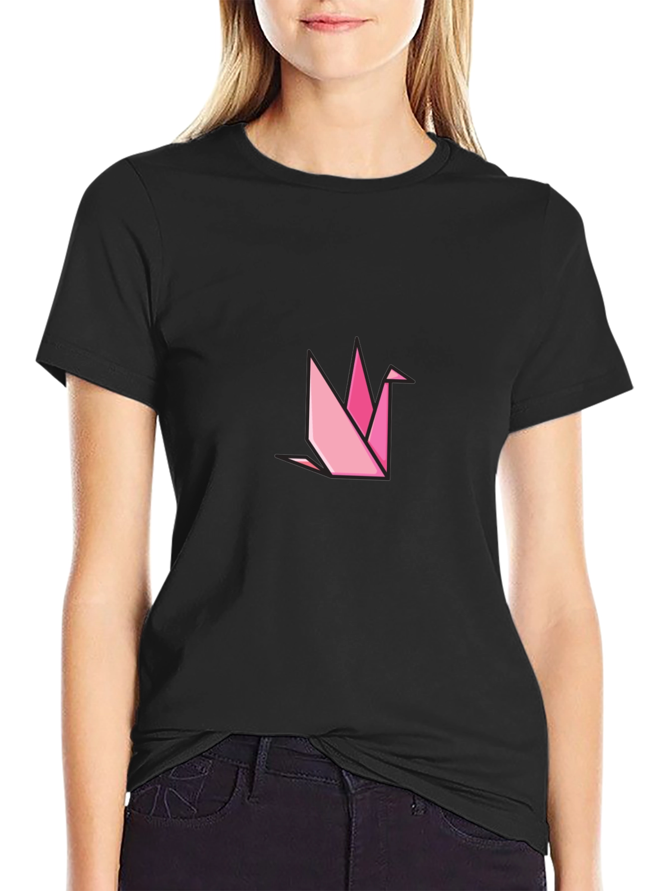 Black Geometric Origami Crane Black T-Shirt view 2