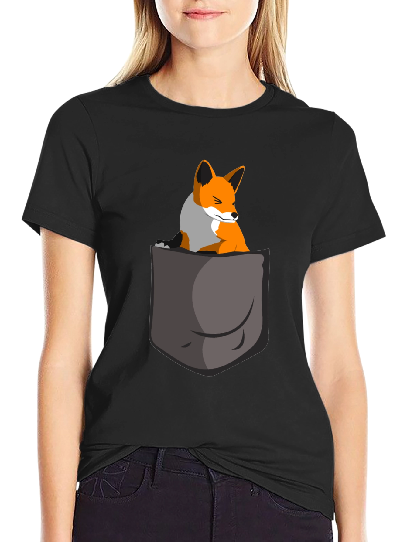 Black Fox in Pocket Graphic Tee - Cute Animal T-Shirt view 2