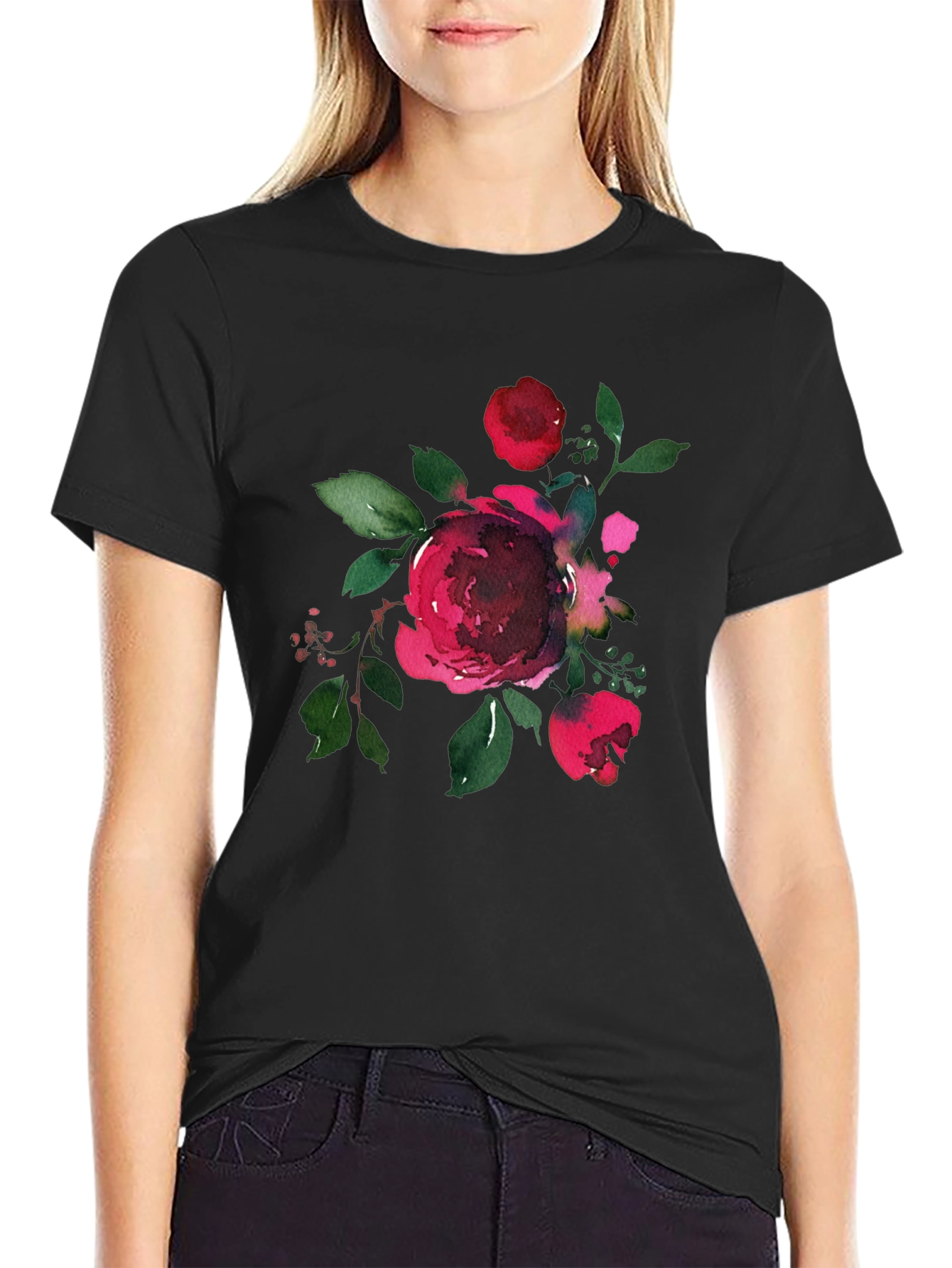 Black Floral Print Black T-Shirt view 2
