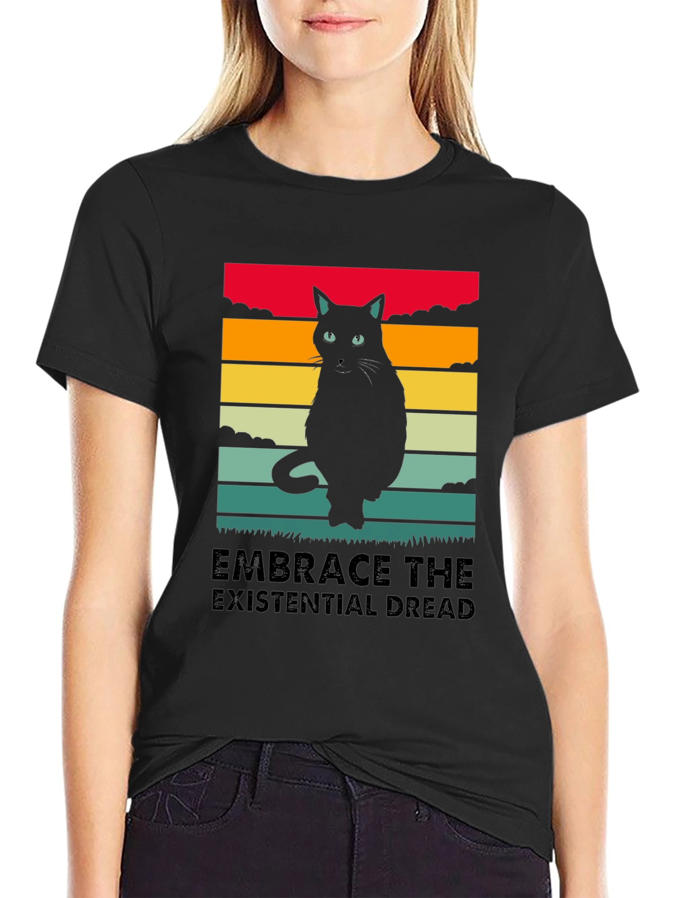 Black Embrace the Existential Dread Cat T-Shirt view 2