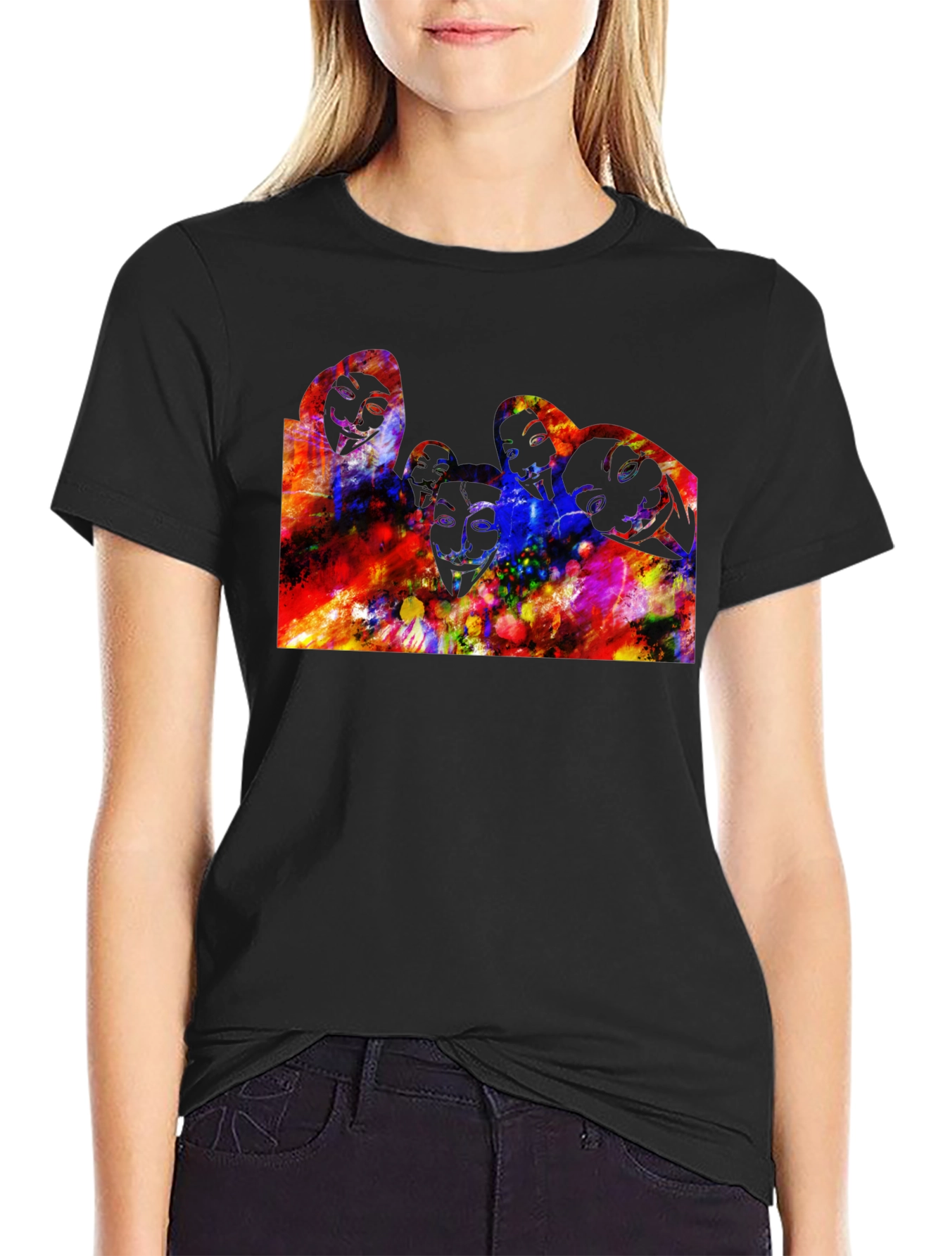 Black Abstract Faces Graphic Black T-Shirt view 2