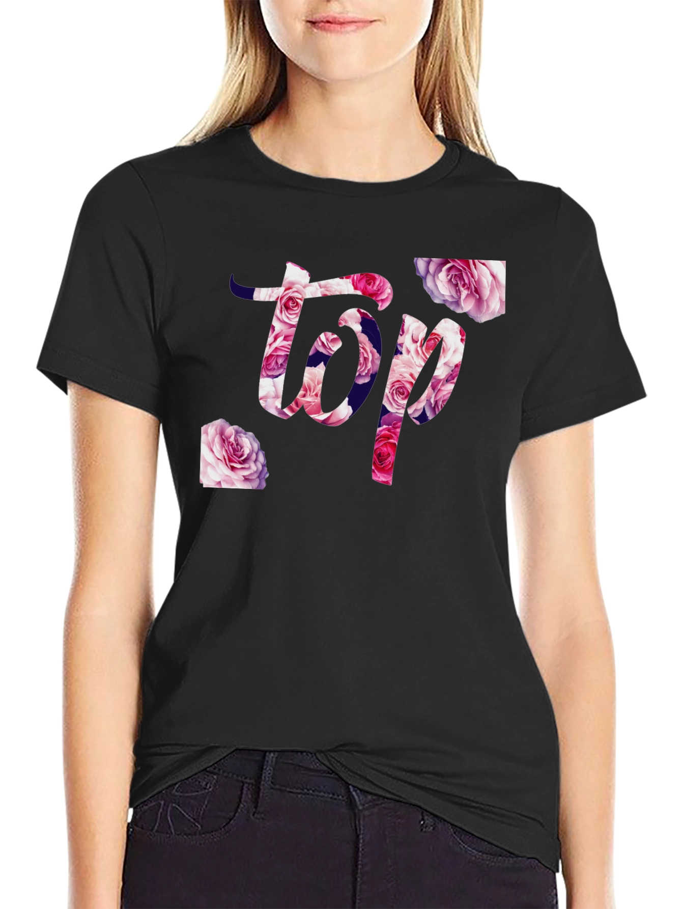 Black Floral Top T-Shirt - Stylish Graphic Tee view 2