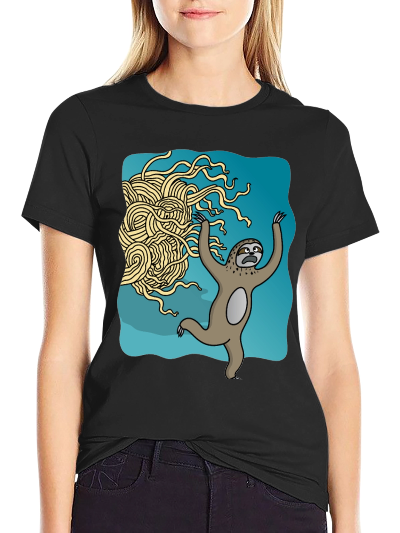 Black Sloth vs. Flying Spaghetti Monster Graphic T-Shirt view 2
