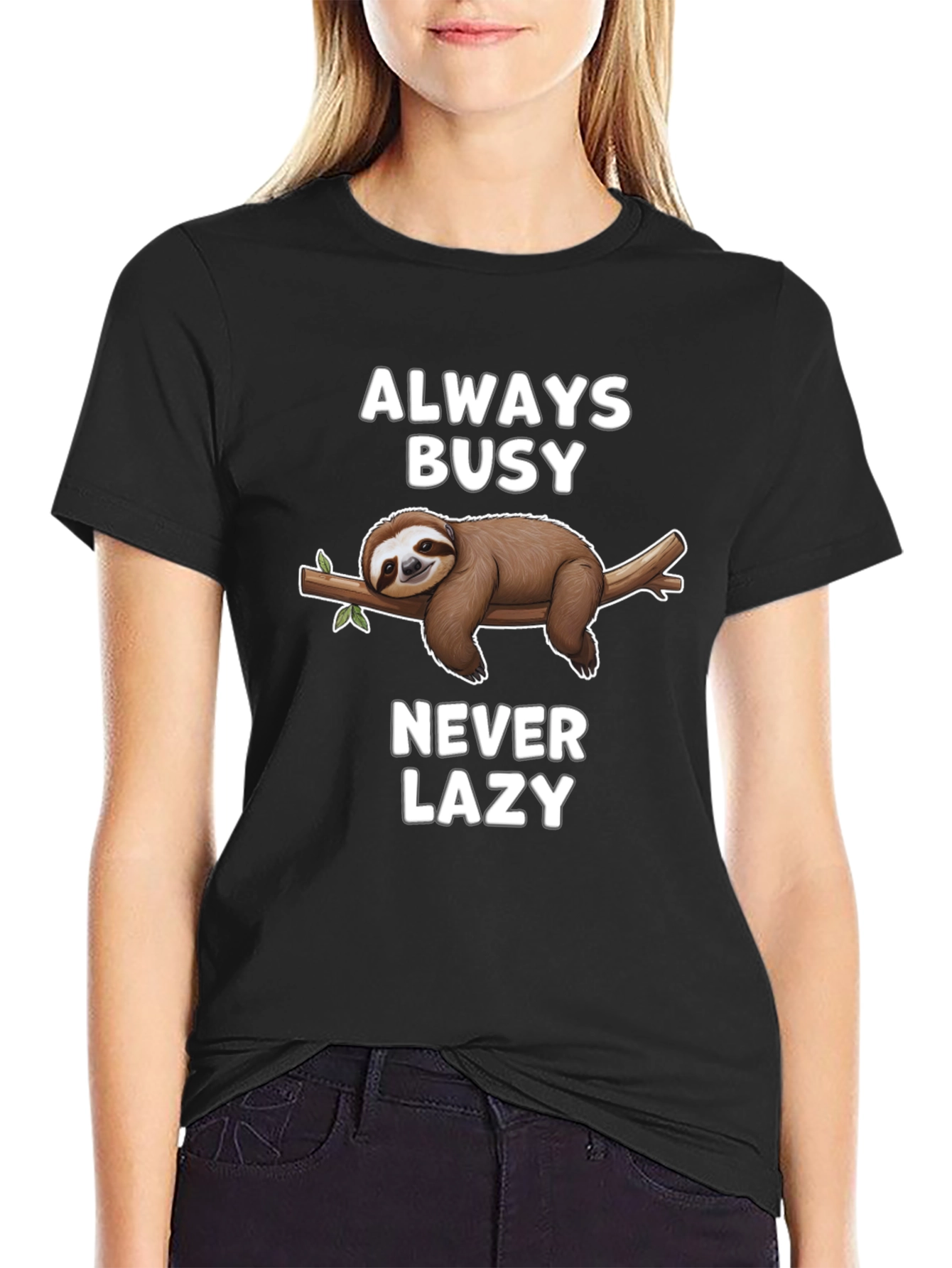 Black Always Busy Never Lazy Sloth Graphic T-Shirt view 2