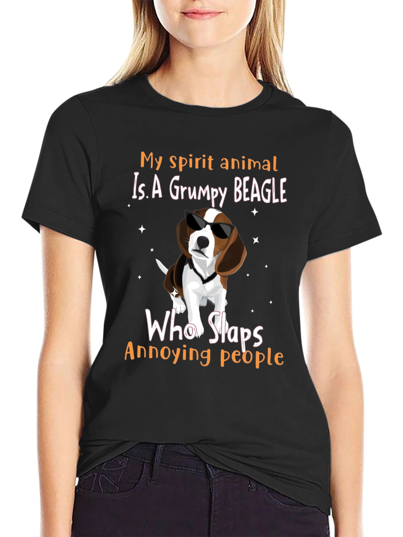 Black Grumpy Beagle T-Shirt - "My Spirit Animal Slaps Annoying People" view 2