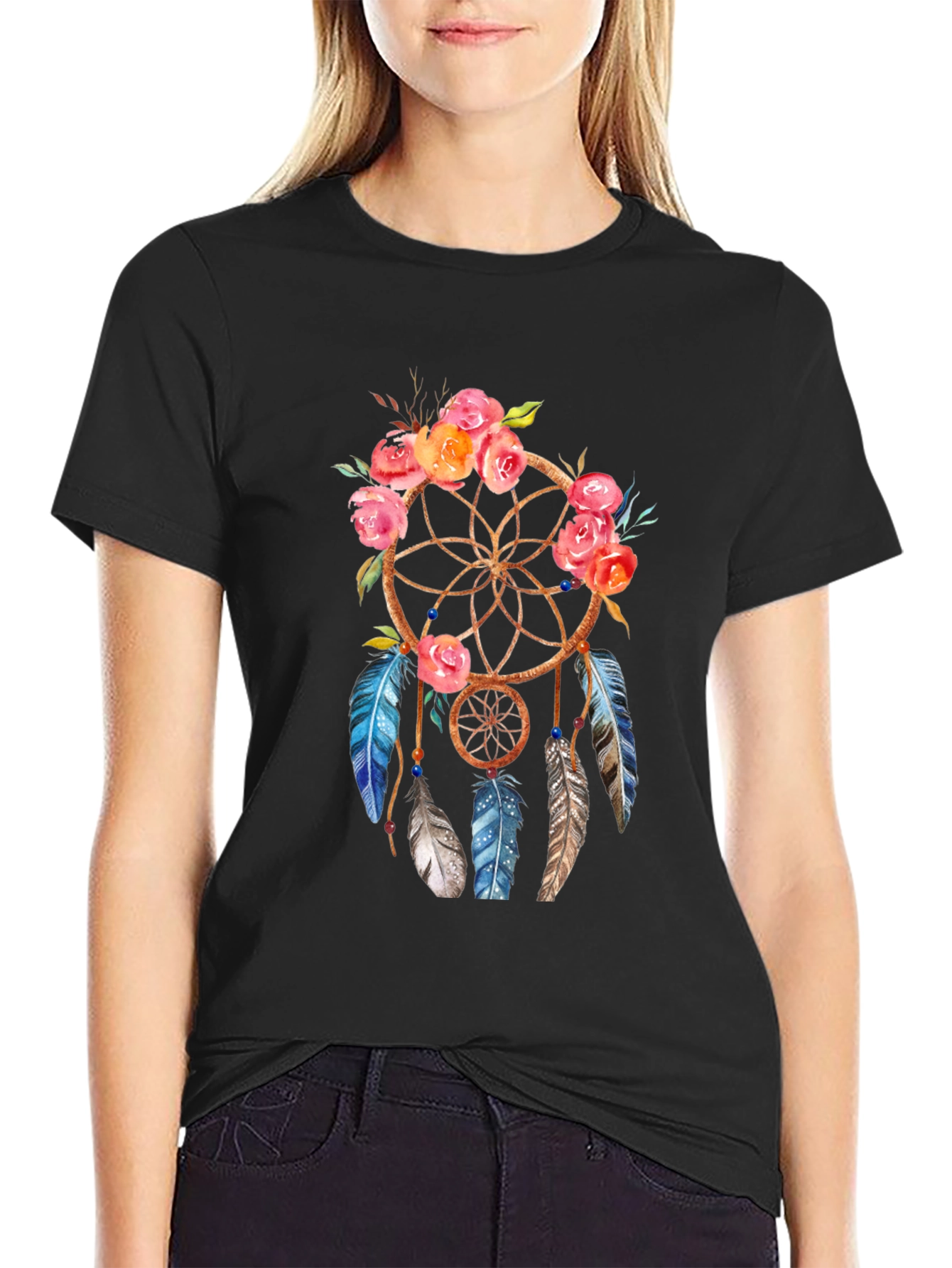 Black Dreamcatcher Floral T-Shirt - Bohemian Style view 2
