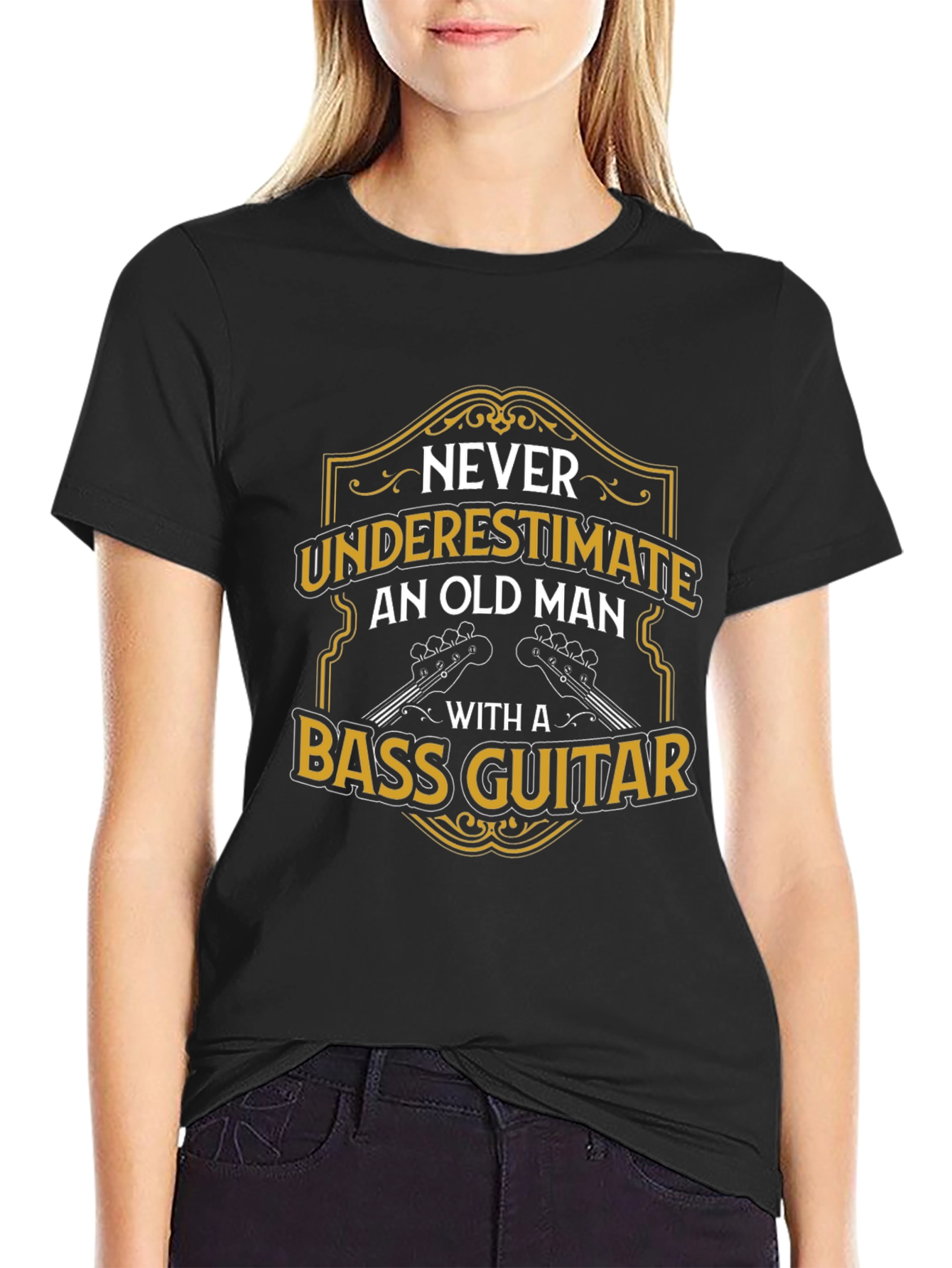 Black Old Man with Bass Guitar T-Shirt view 2