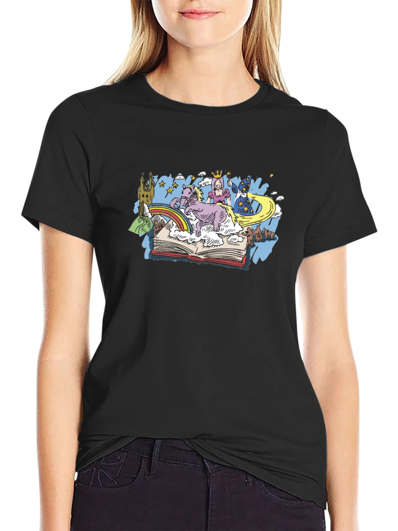 Black Storybook Dreams T-Shirt - Magical Fantasy Design view 2