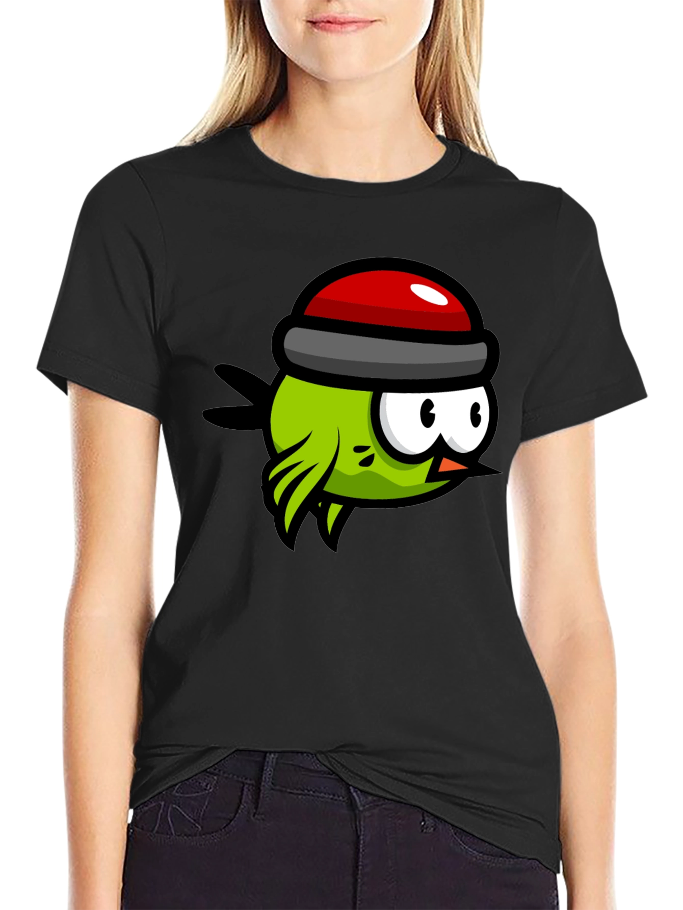 Black Cartoon Bird Graphic Tee - Quirky Black T-Shirt view 2