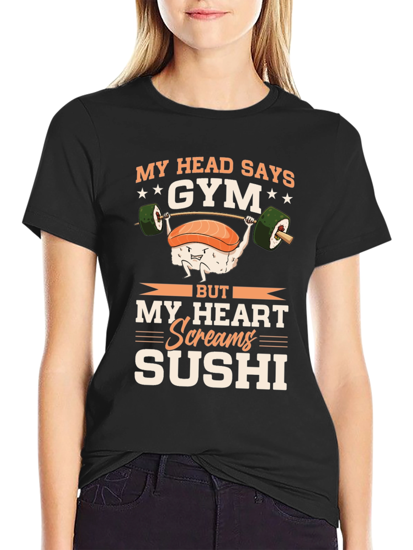 Black Gym & Sushi Graphic Tee - Workout Foodie Shirt view 2