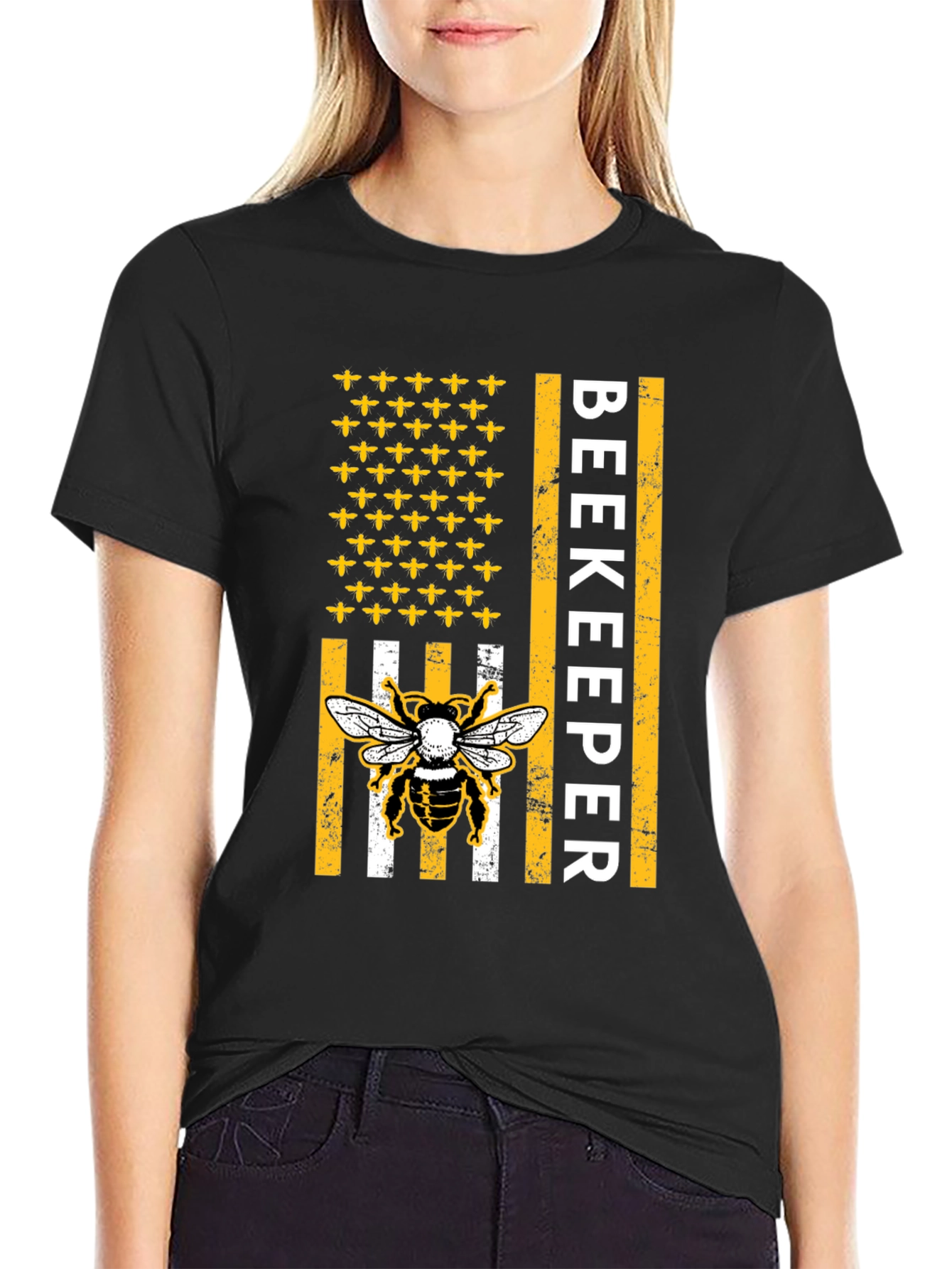 Black Beekeeper American Flag Bee T-Shirt view 2