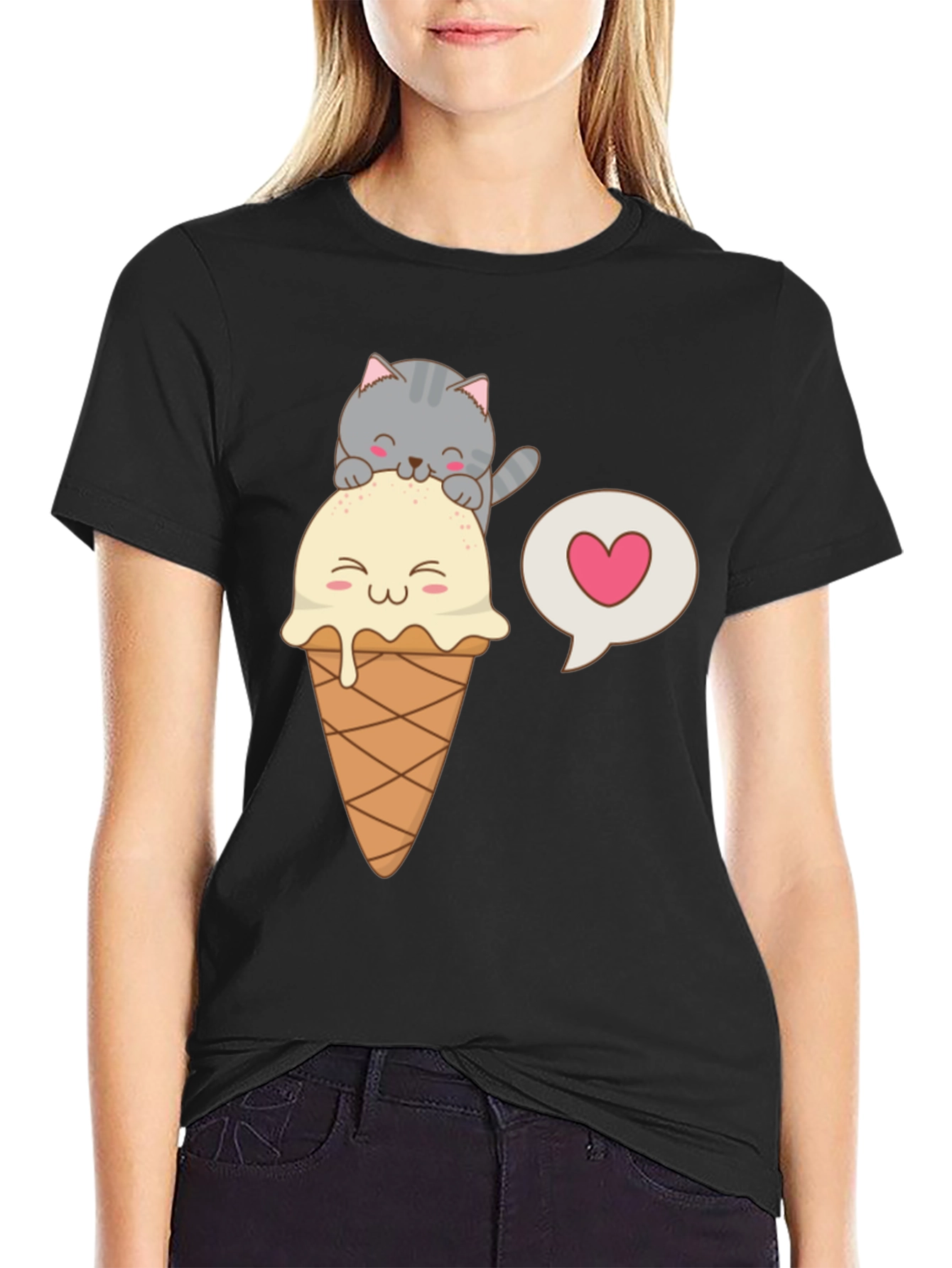 Black Cute Cat & Ice Cream Graphic Tee view 2