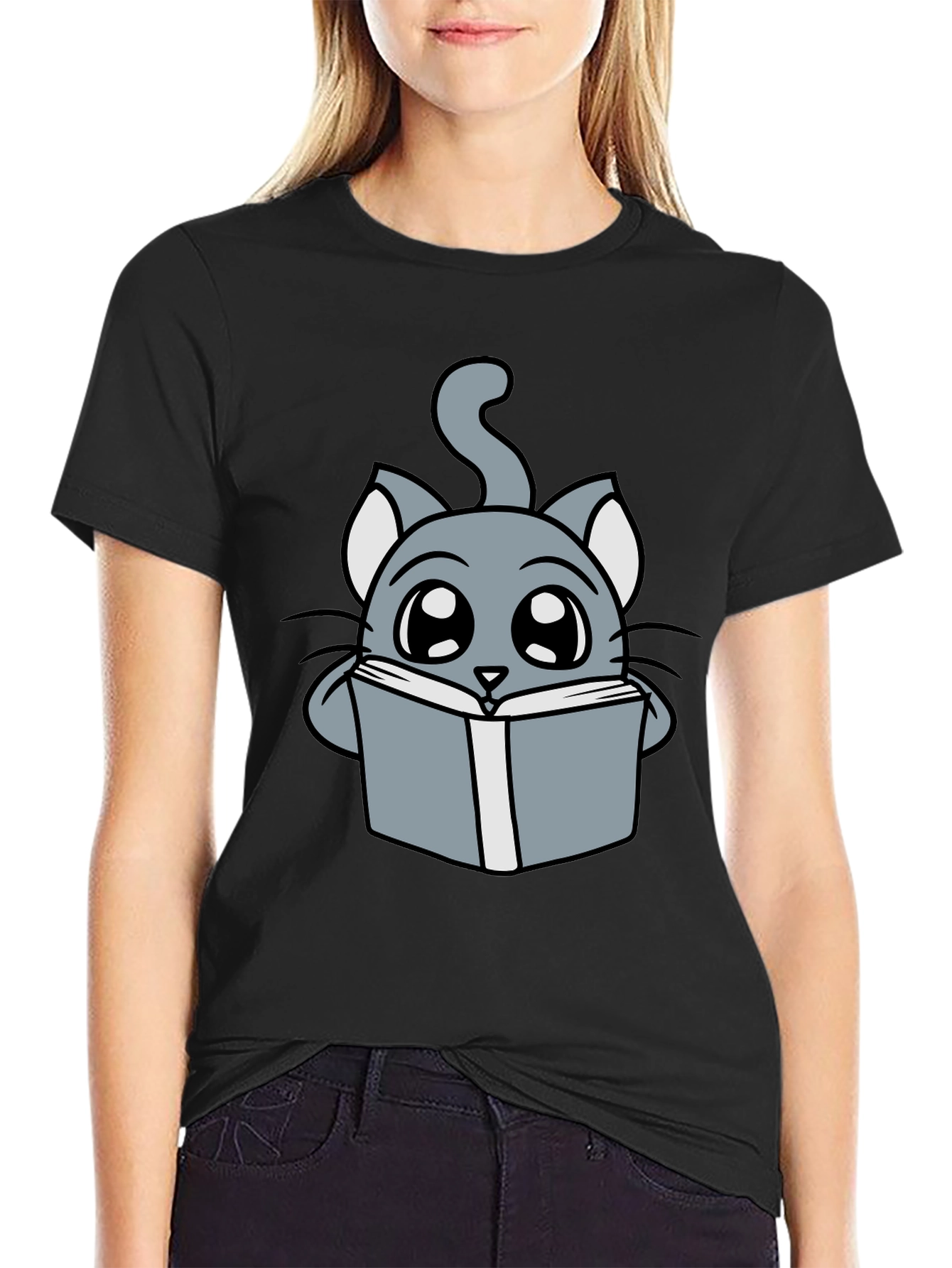 Black Cute Cartoon Cat Reading T-Shirt view 2