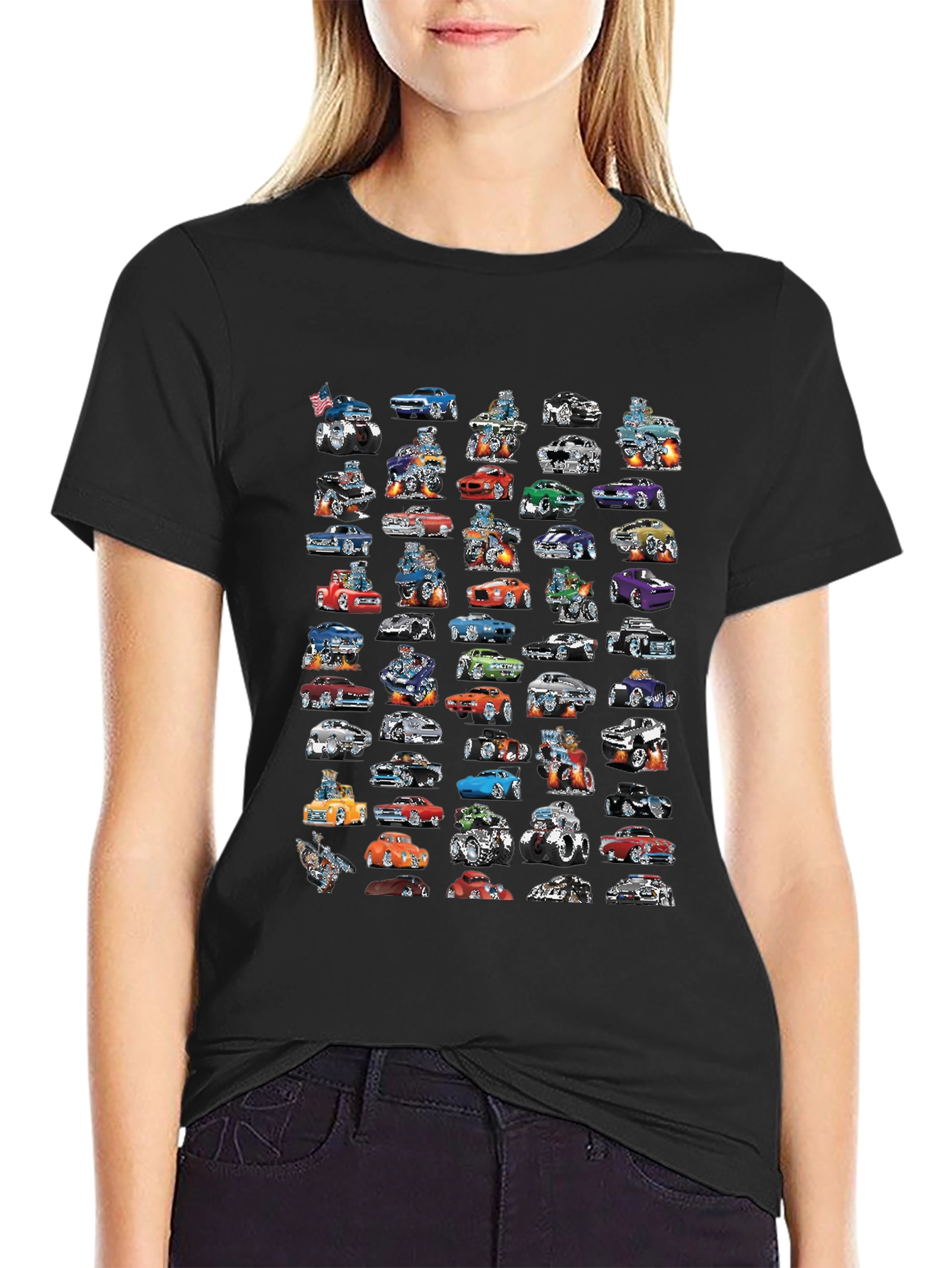 Black Cartoon Car T-Shirt - Black Cotton Tee view 2