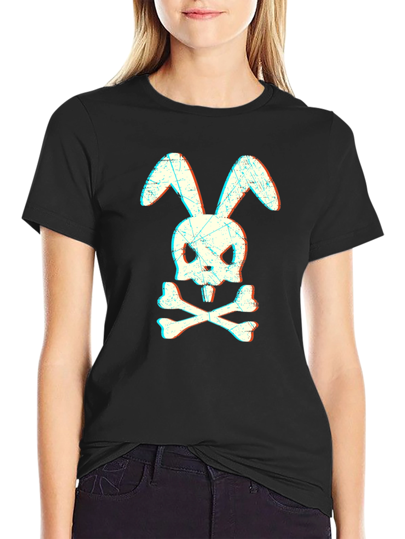 Black Skull Bunny Graphic T-Shirt - Edgy Streetwear view 2