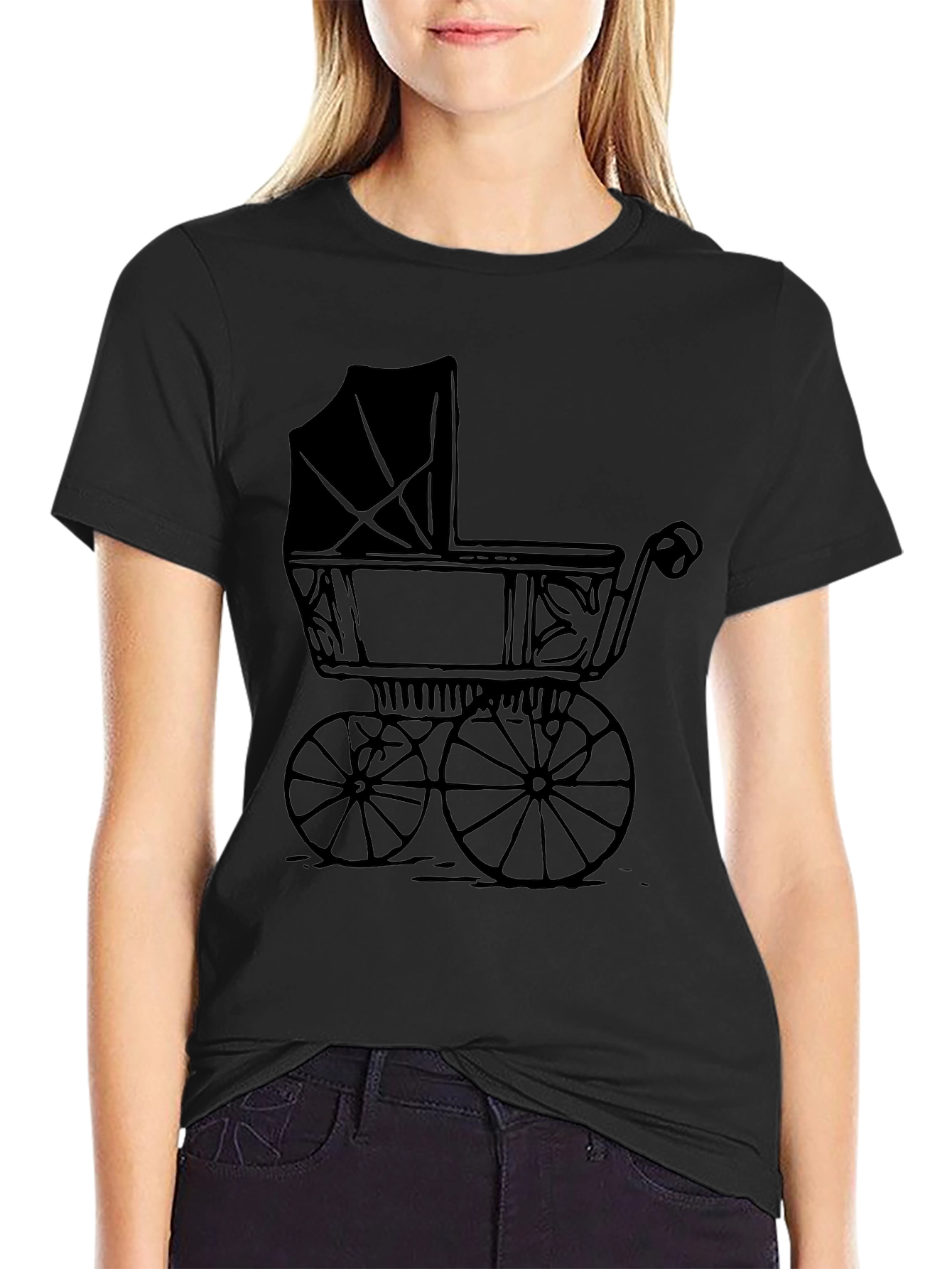 Black Vintage Baby Carriage Graphic Tee - Soft Black T-Shirt view 2