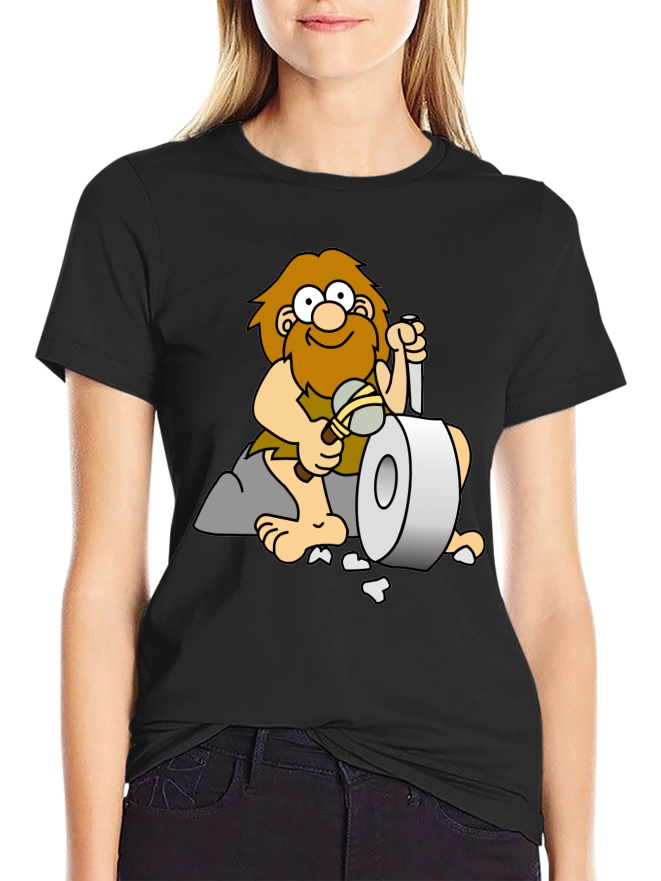 Black Funny Caveman Toilet Paper T-Shirt view 2
