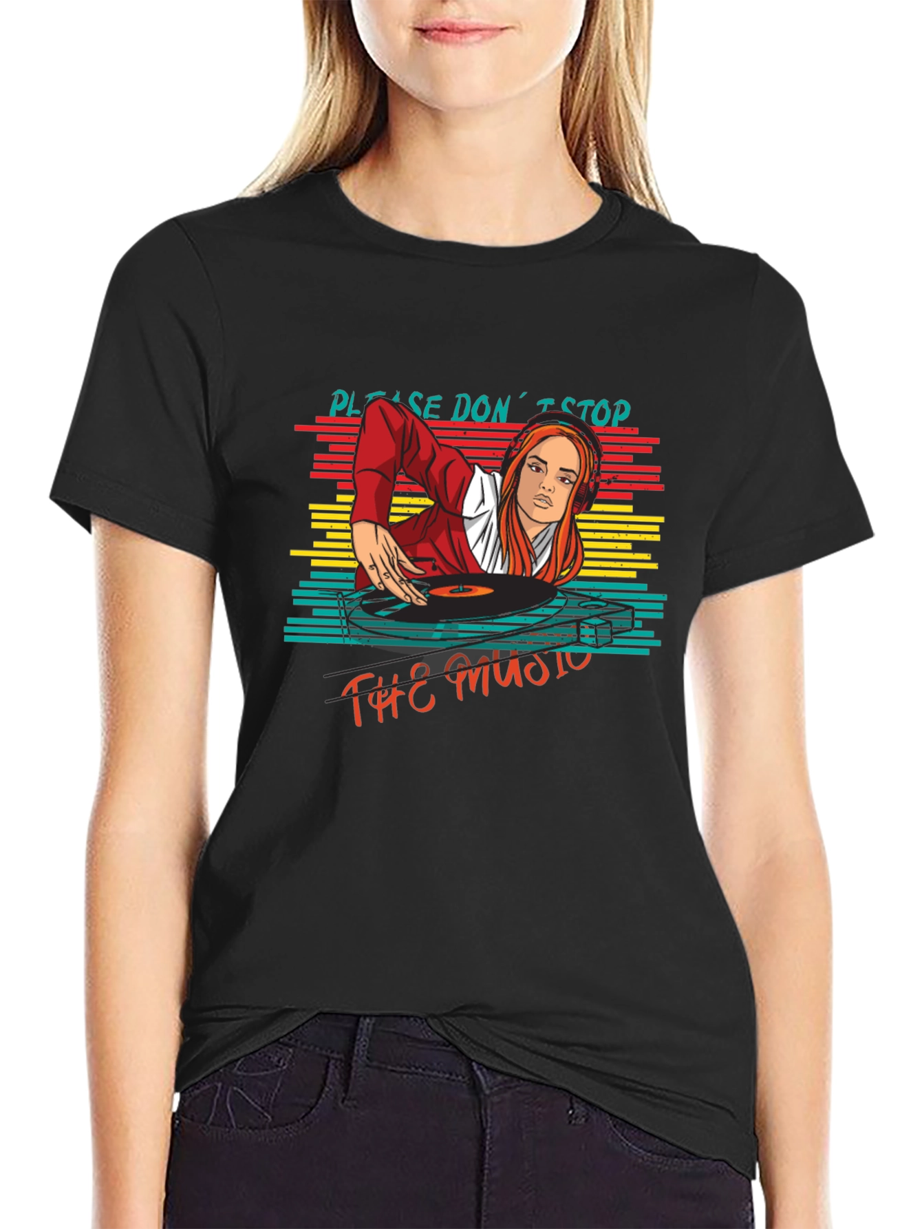 Black Retro DJ Graphic T-Shirt - Please Don't Stop the Music view 2