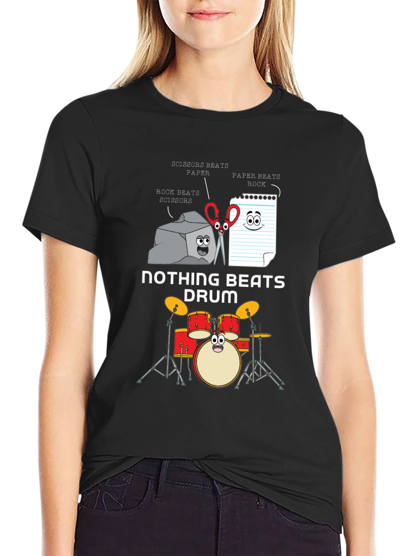 Black Rock Paper Scissors Drum Funny T-Shirt view 2
