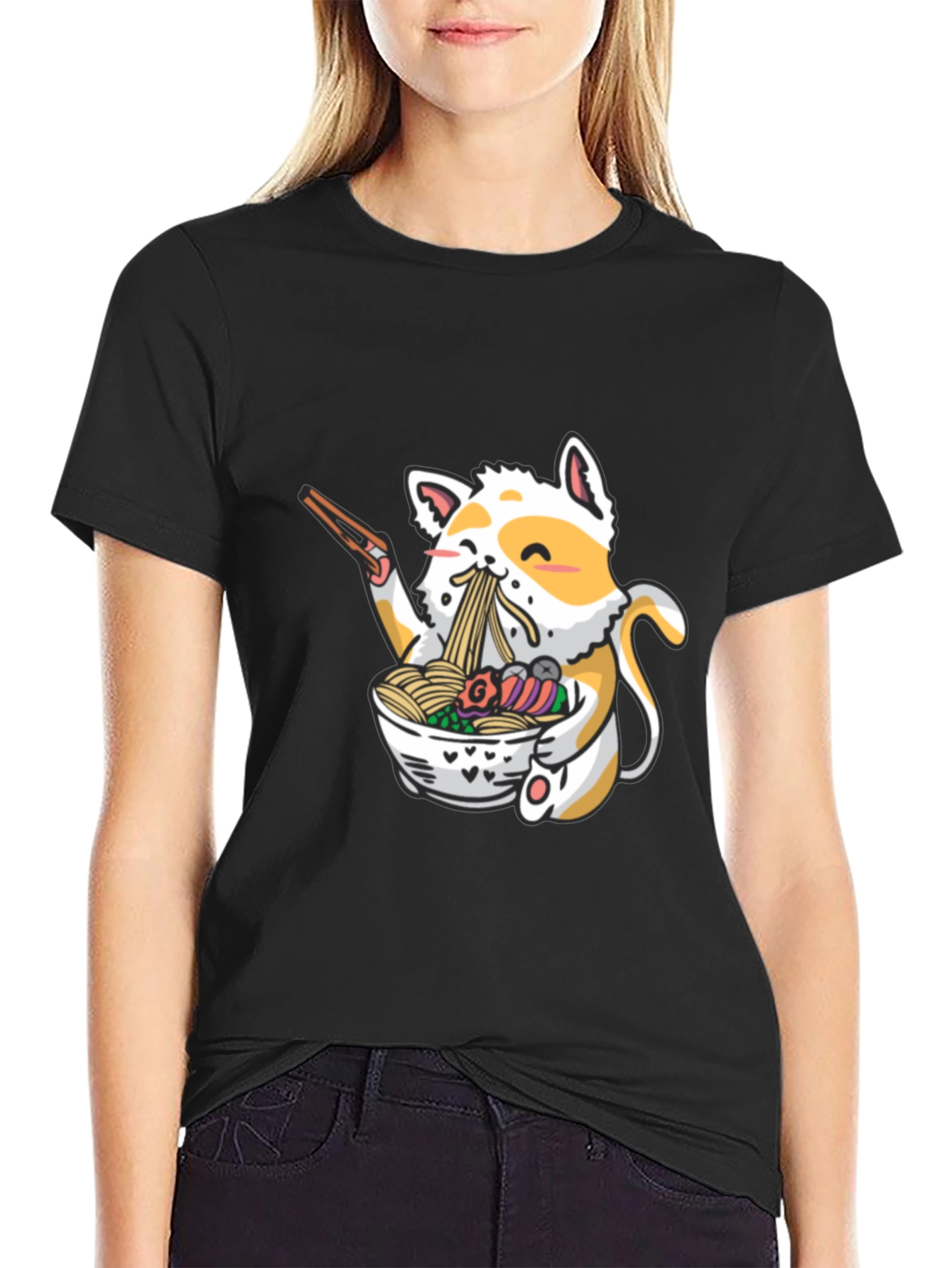Black Ramen Cat Graphic T-Shirt - Black Cotton Blend view 2
