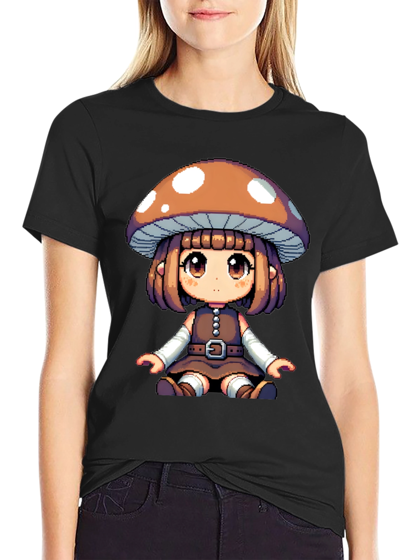 Black Mushroom Girl Pixel Art T-Shirt view 2