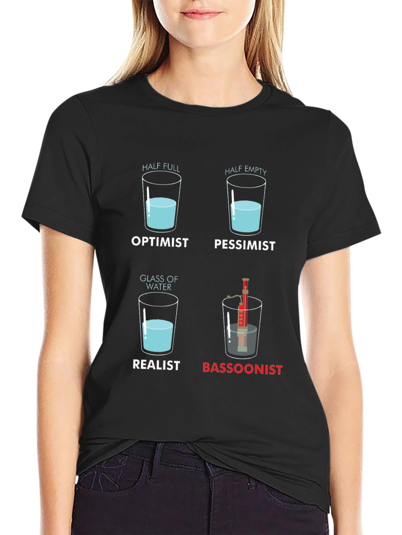 Black Bassoonist T-Shirt - Half Full Glass Humor view 2