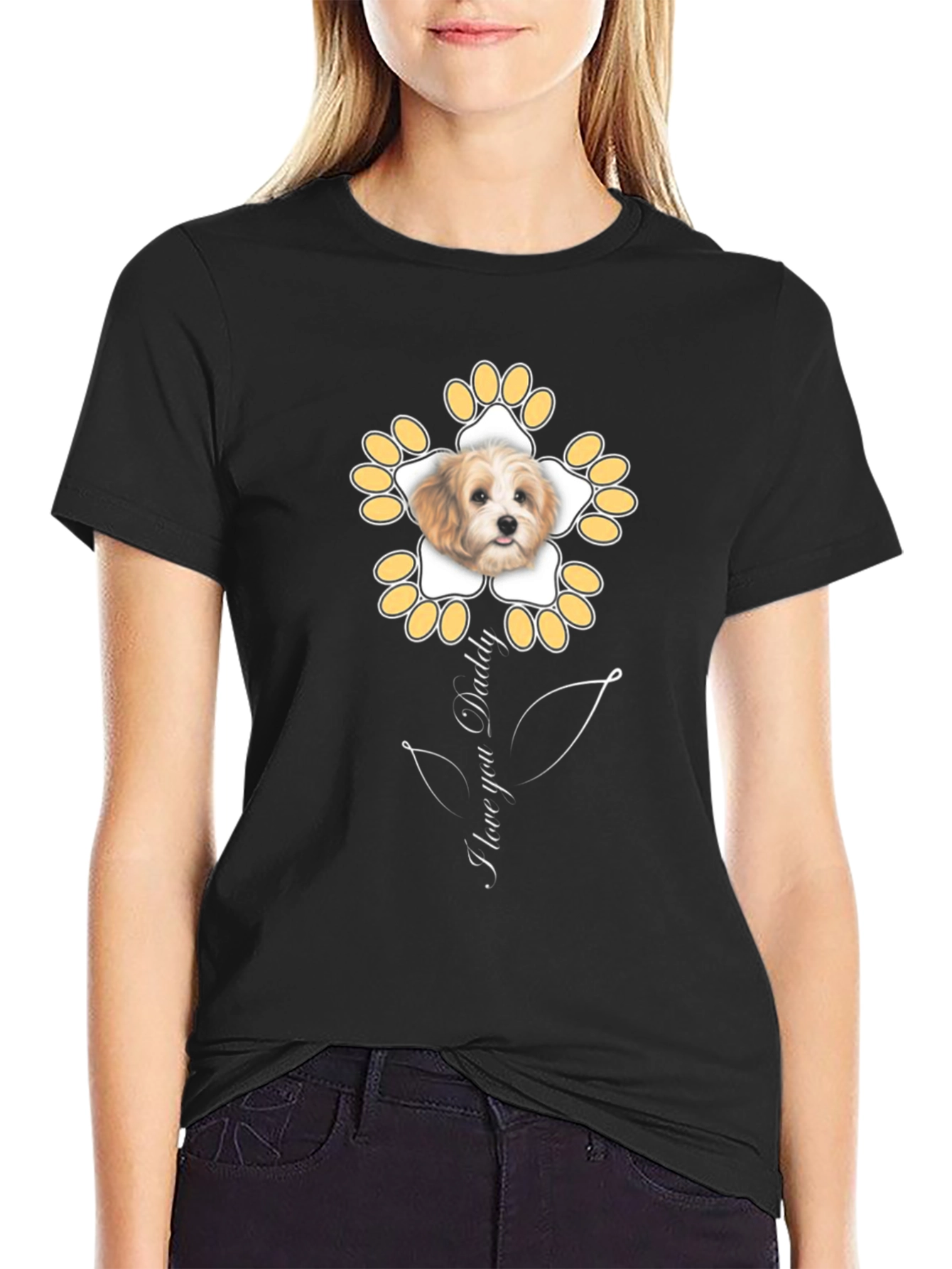 Black I Love You Daddy Dog Flower Graphic T-Shirt view 2