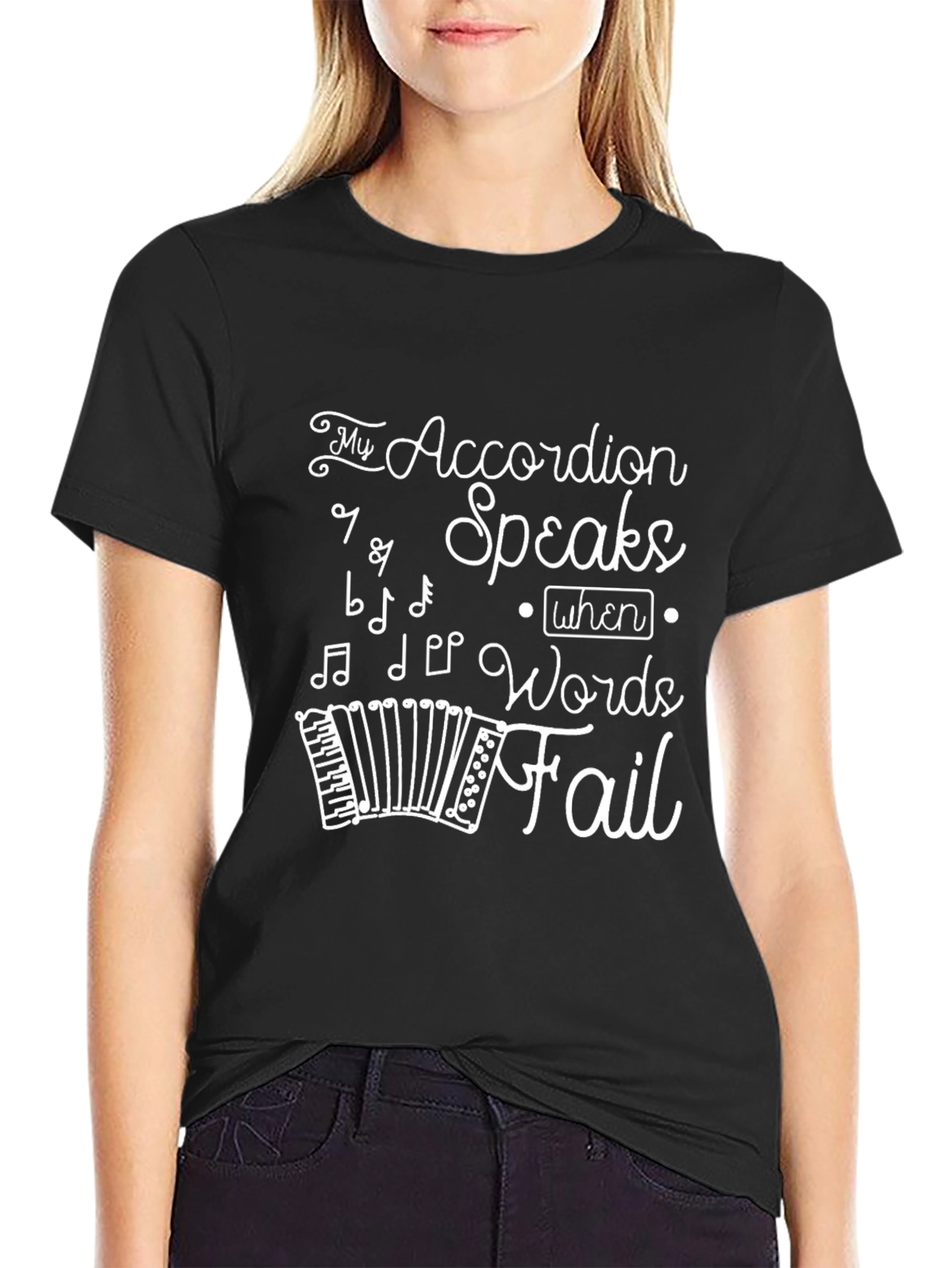 Black Accordion Speaks T-Shirt: Music Lover Tee view 2