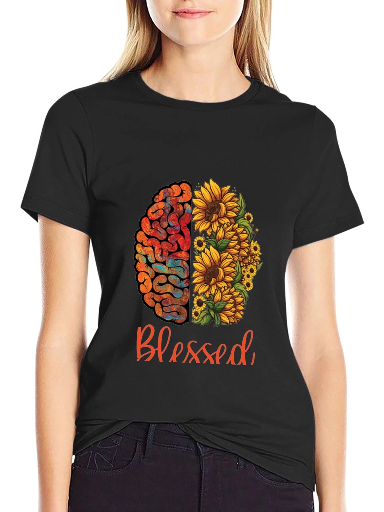 Black Blessed Brain & Sunflower Graphic Tee - Unisex Cotton T-Shirt view 2