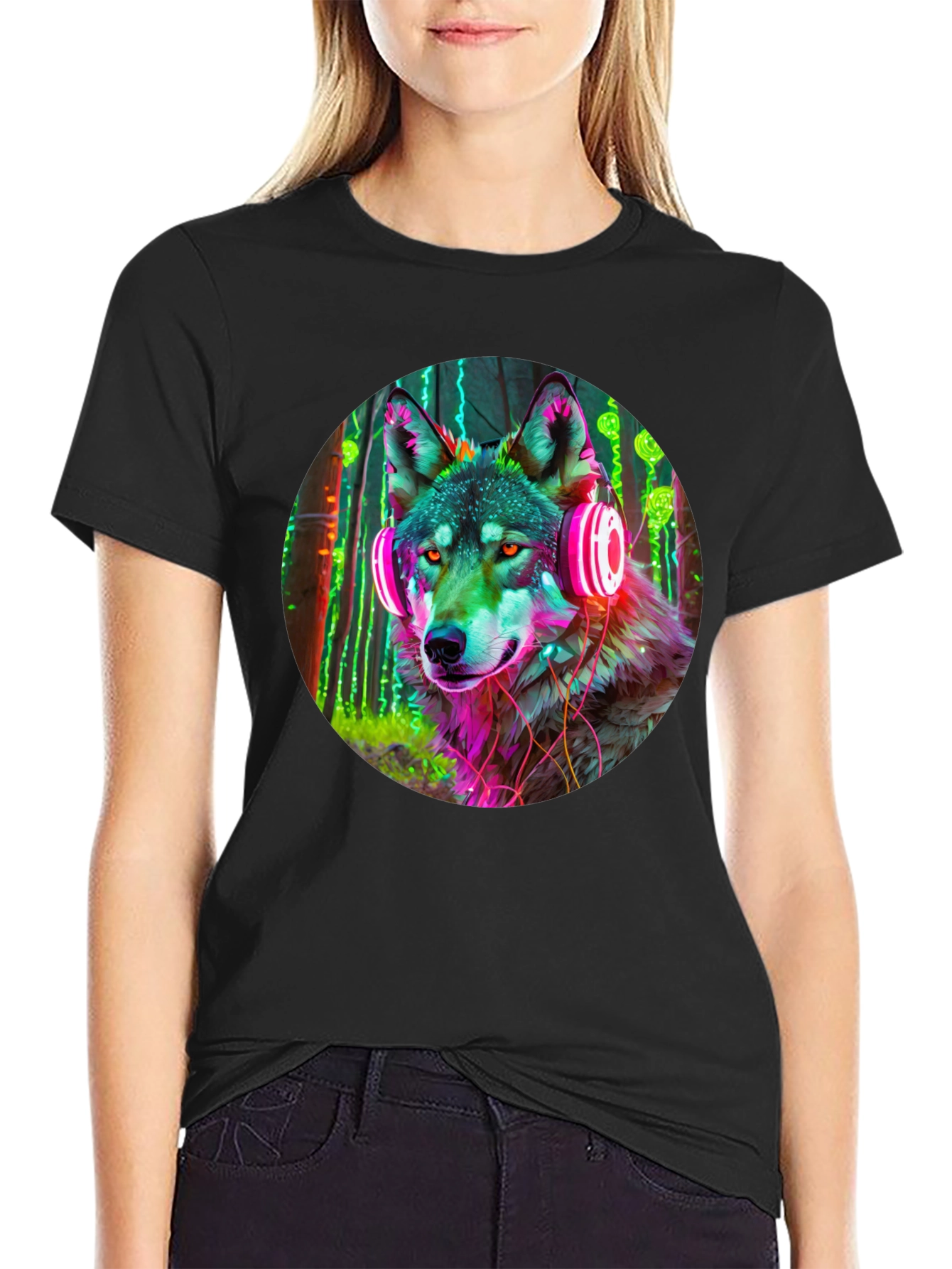 Black Neon Wolf Headphones Graphic Tee view 2