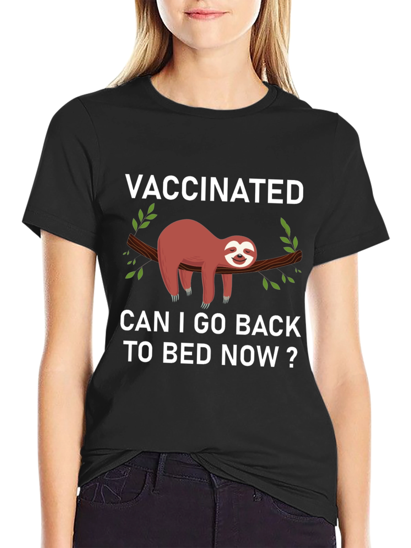 Black Vaccinated Sloth Graphic T-Shirt: Back to Bed! view 2