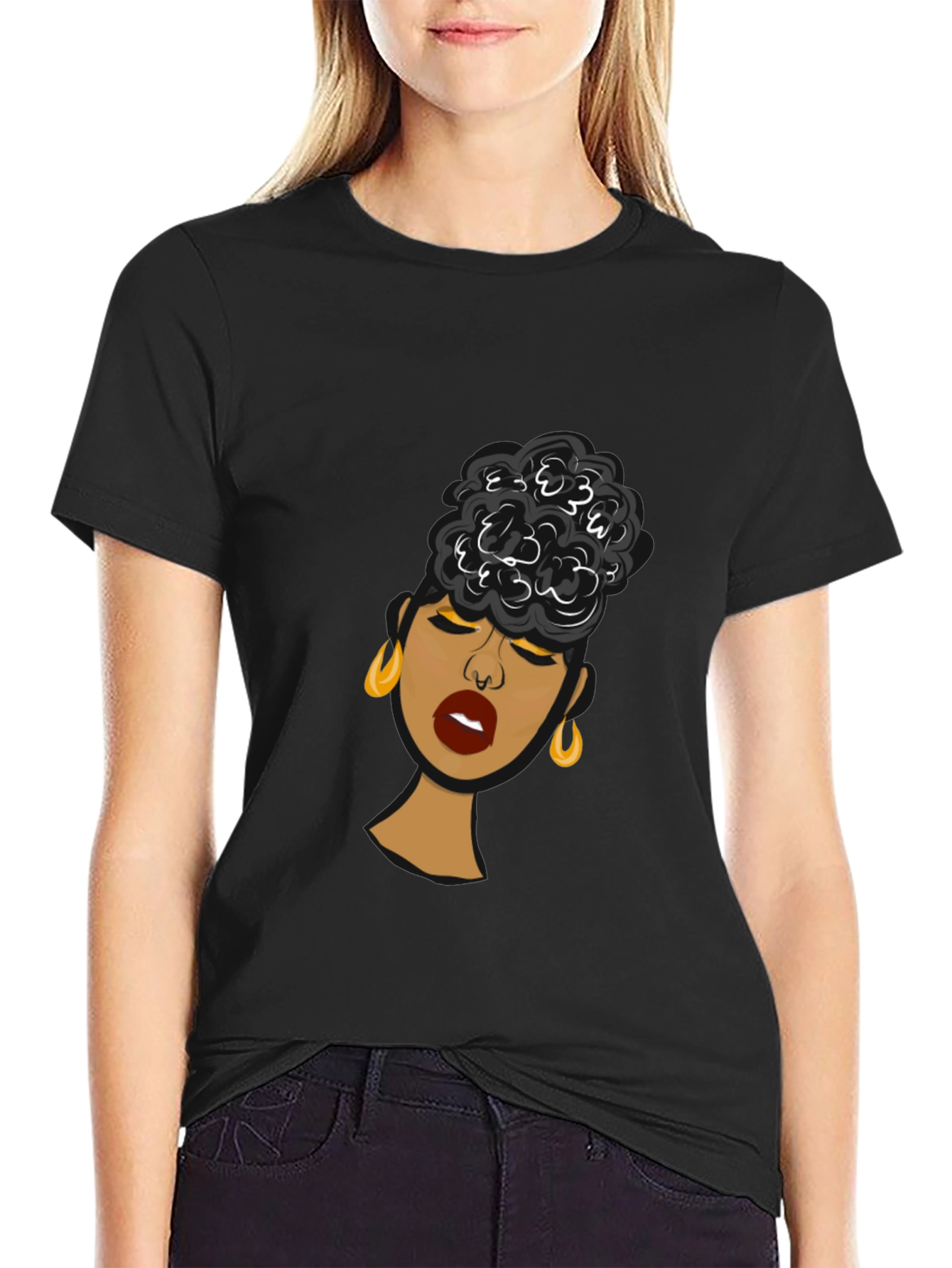 Black Black Woman Graphic Tee - Stylish Afro Puff Design view 2