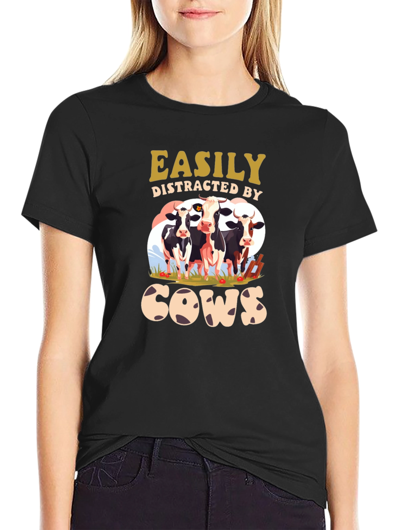 Black Easily Distracted by Cows Black T-Shirt view 2