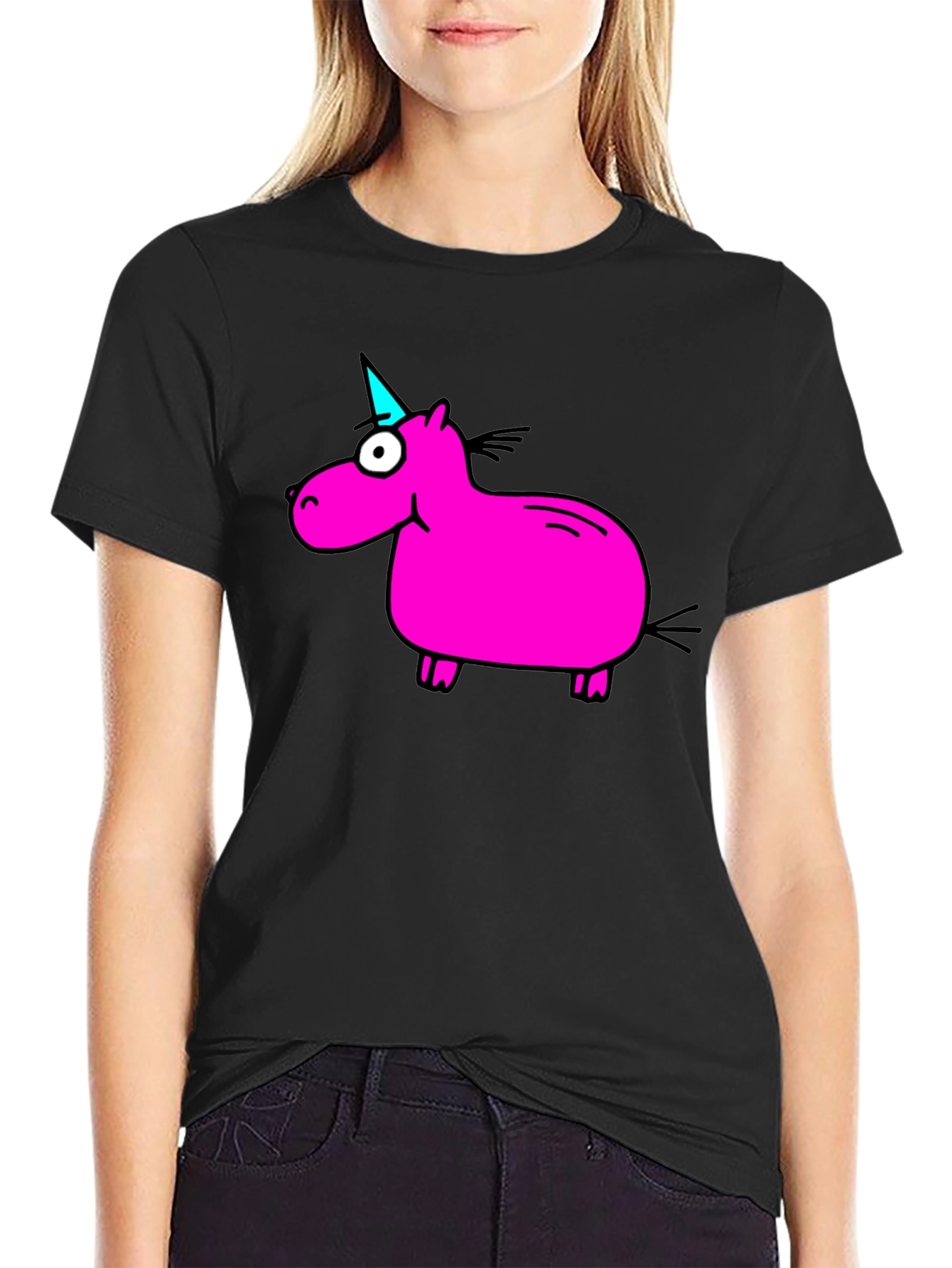 Black Funny Pink Unicorn Graphic T-Shirt - Black view 2