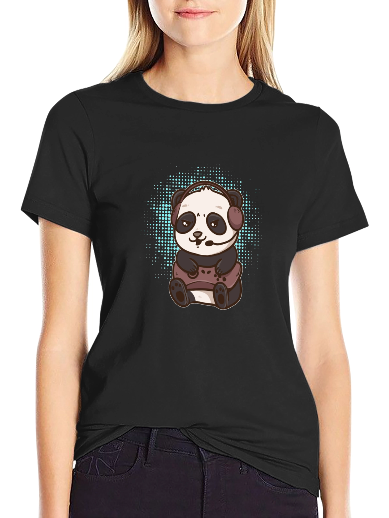 Black Gamer Panda Graphic Tee - Black Cotton T-Shirt view 2